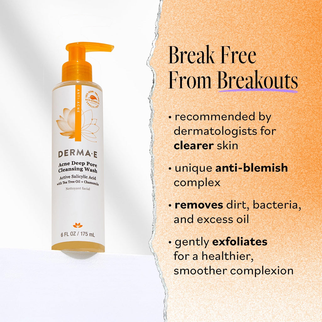 Derma E Acne Deep Pore Cleansing Wash – Salicylic Acid Face Cleanser for Clear Pores | 6 fl oz
