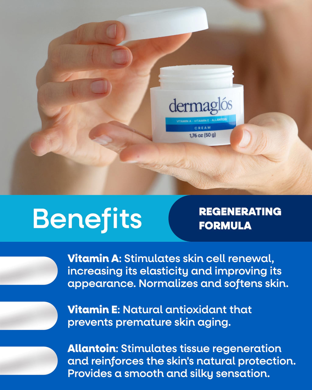 Dermaglós Moisturizing Cream with Vitamin A, E & Allantoin | Hydration for Wrinkles, Scars, Stretch Marks, Tattoo Aftercare | 1.76 oz