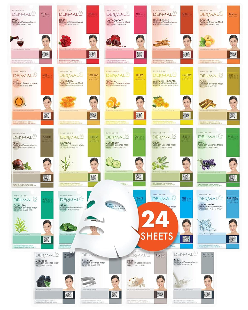 DERMAL 24-Combo Korean Facial Masks | 24-Day Skin Reset, Made in Korea