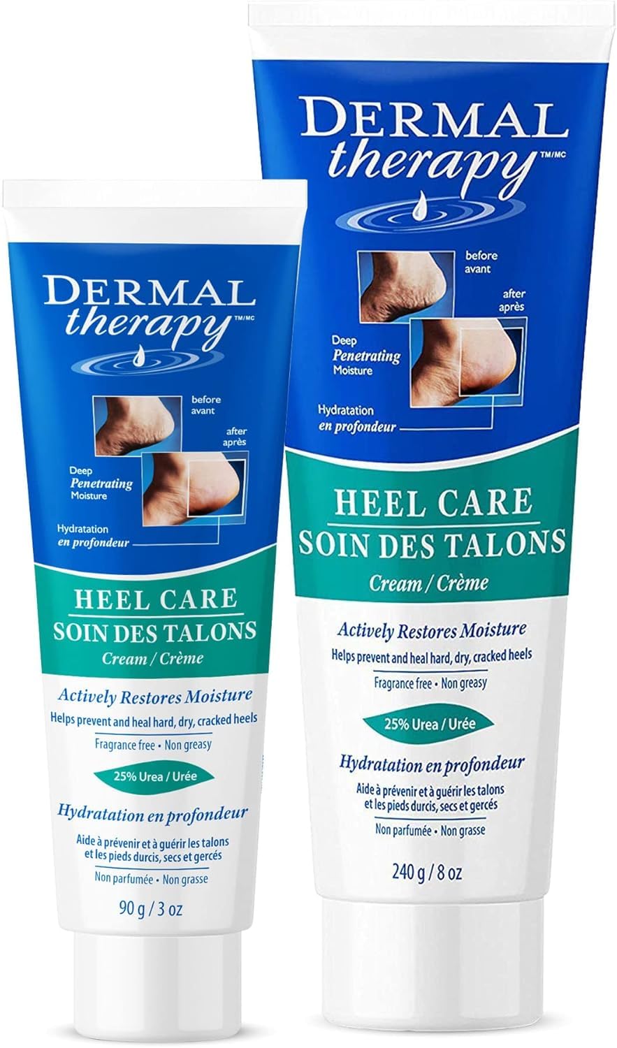 Dermal Therapy Heel Care Cream – 25% Urea + 6% AHAs | Deep Moisturizing Foot Repair (3oz & 8oz Bundle)