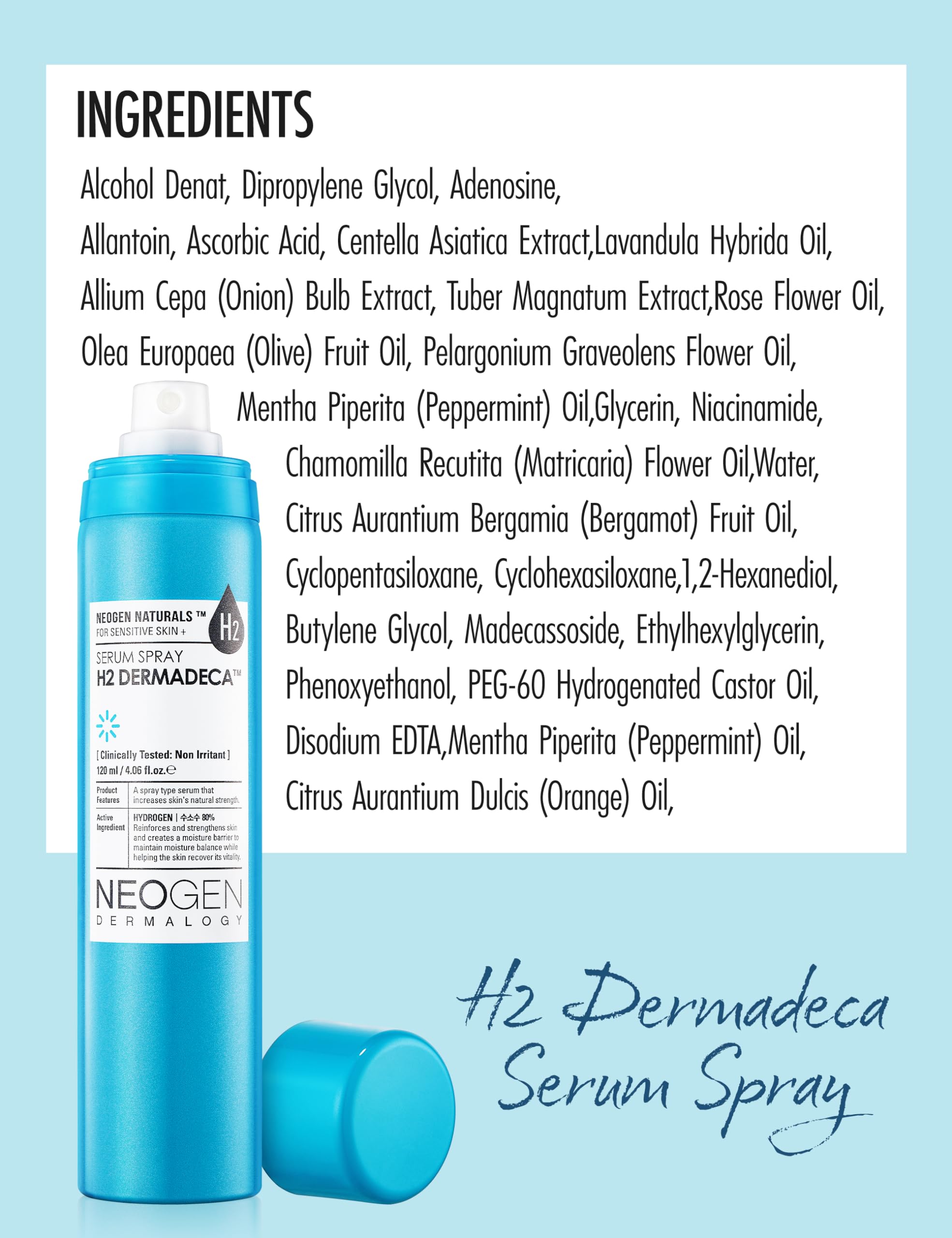 DERMALOGY by NEOGENLAB H2 Dermadeca Serum Facial Spray | 80% Hydrogen-Water Hydrating Mist with Niacinamide, Vitamin C & Centella - 4.06 fl oz