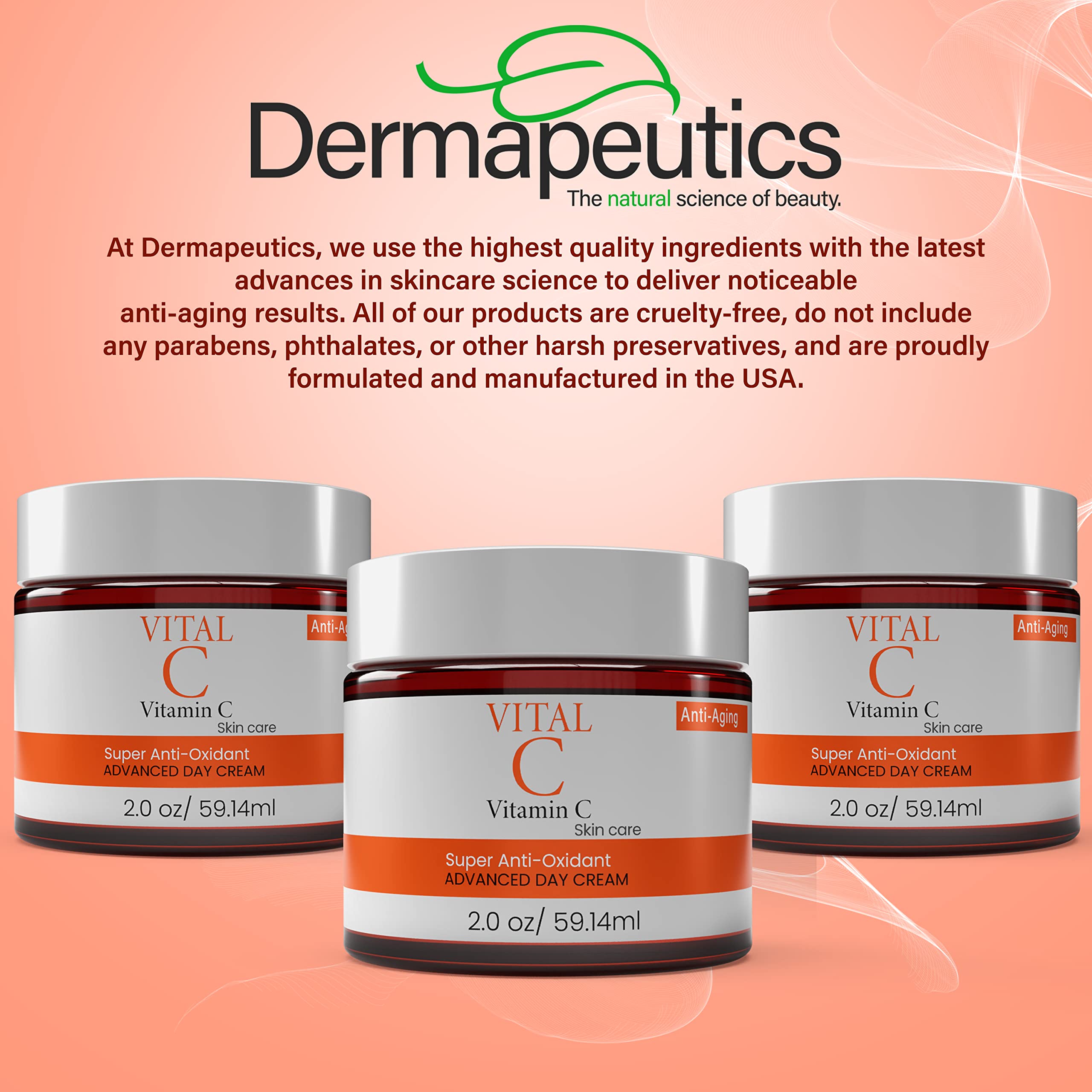 Dermapeutics Advanced Vitamin C Face Cream – Hydrating Anti-Aging Day & Night Moisturizer, 2 Oz