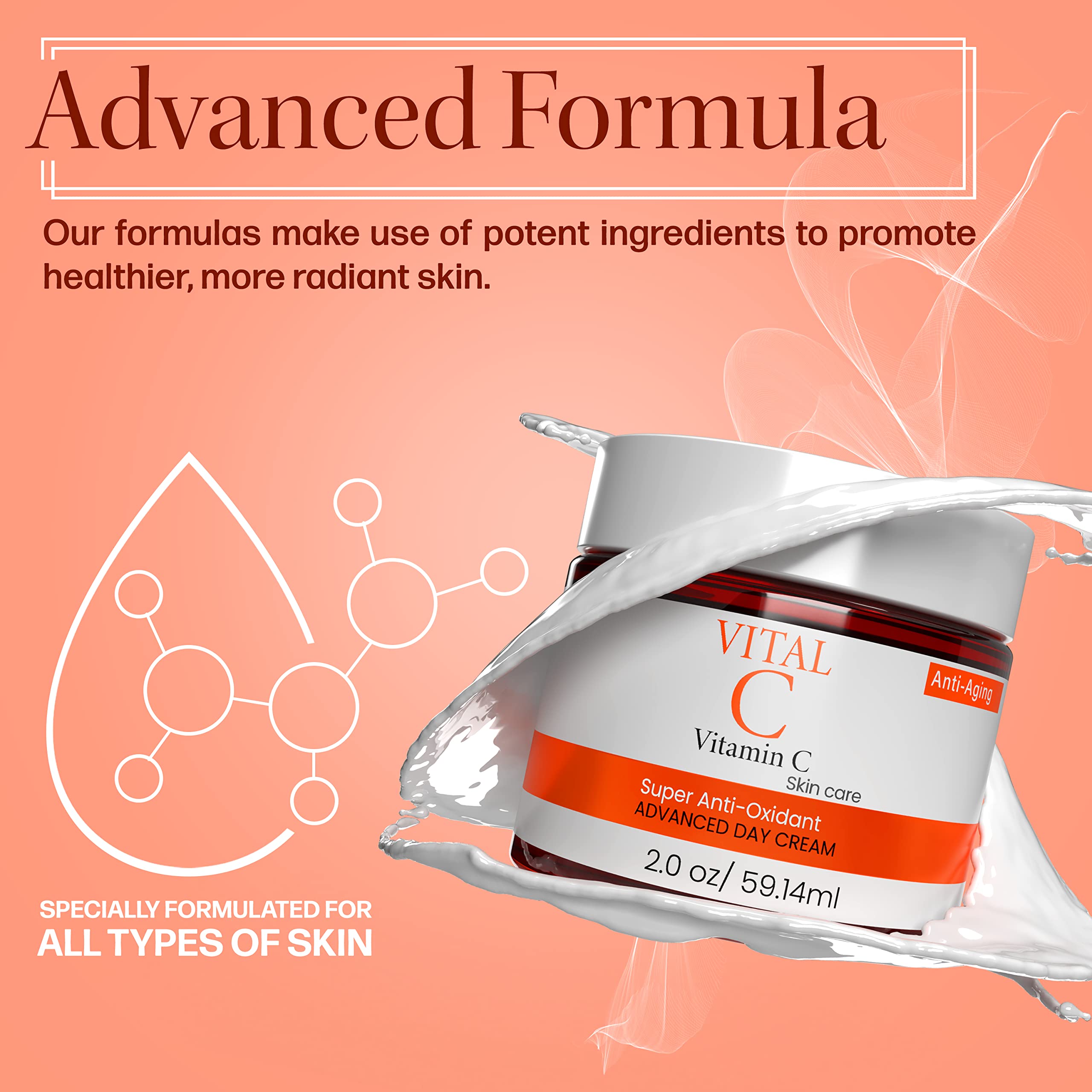 Dermapeutics Advanced Vitamin C Face Cream – Hydrating Anti-Aging Day & Night Moisturizer, 2 Oz