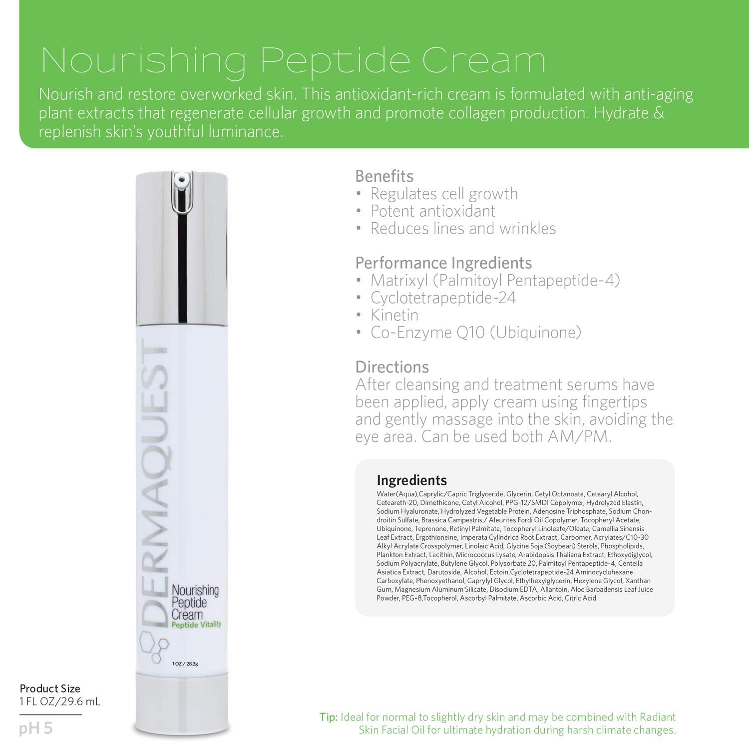 DermaQuest Peptide Vitality Nourishing Peptide Cream – Anti-Aging Hydration for Normal to Dry Skin (2oz)