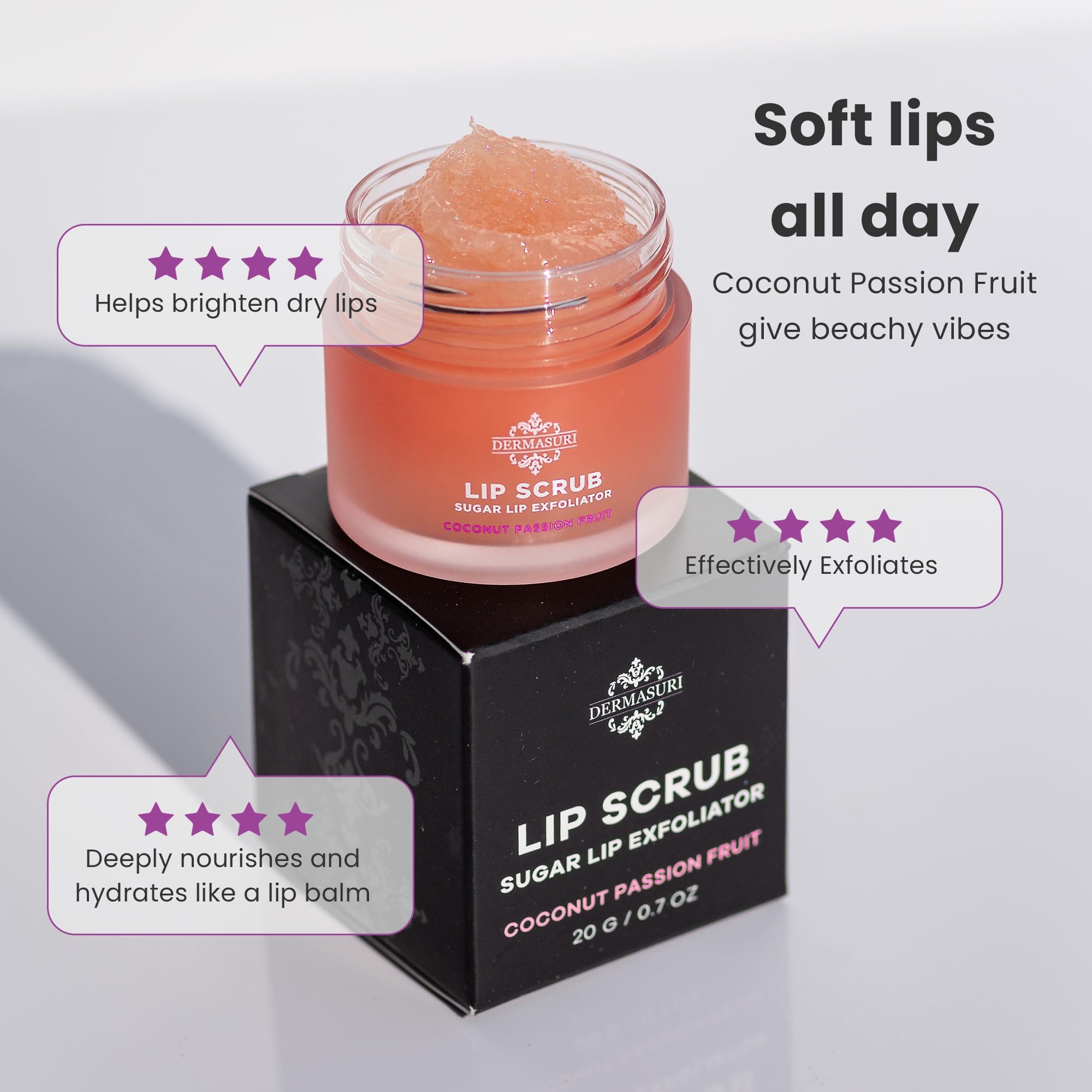 Dermasuri Lip Exfoliator Scrub & Moisturizer – Coconut Passion Fruit, 20g