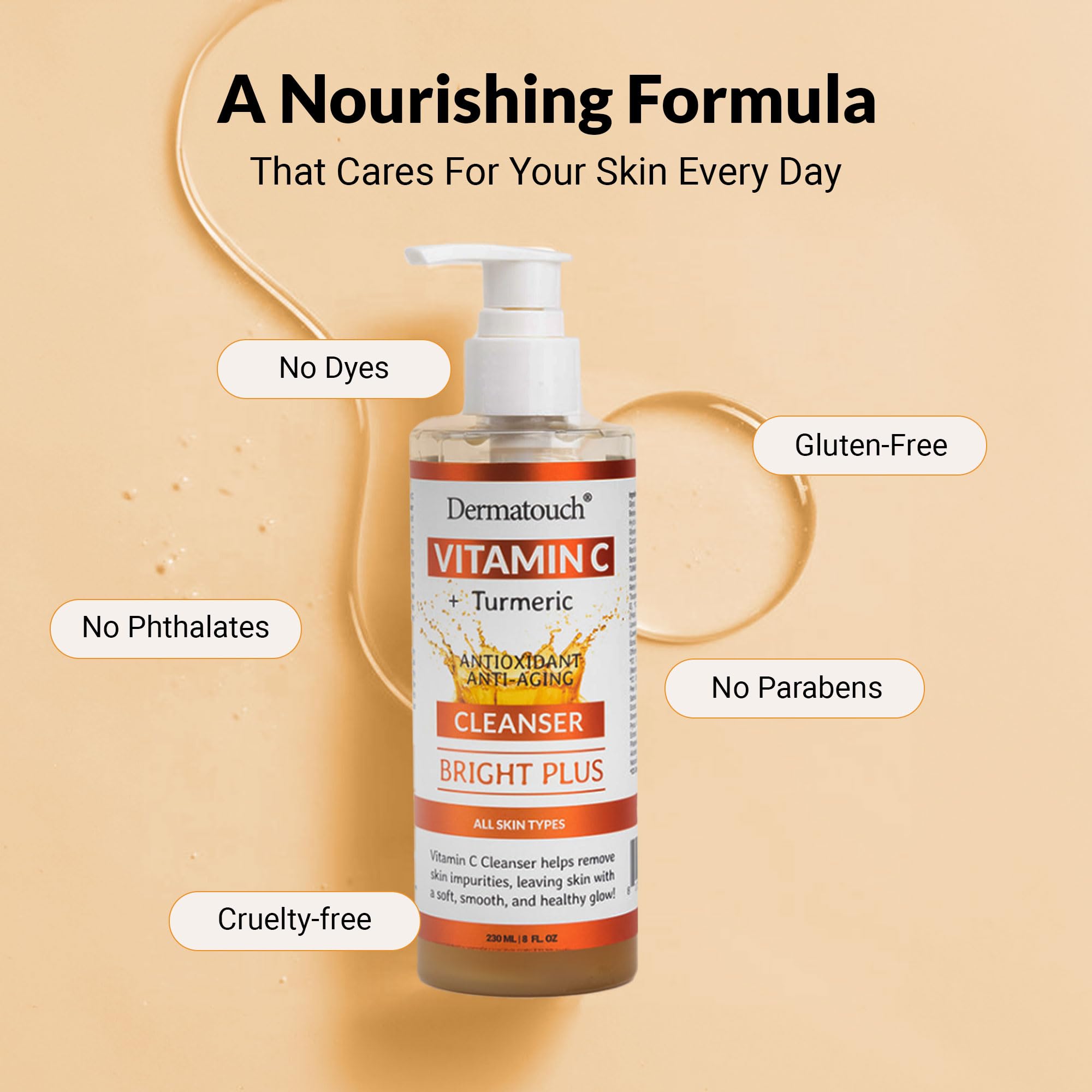 DERMATOUCH Vitamin C Cleanser Water with Turmeric – Gentle Foaming Facial Cleanser for All Skin Types, Made in USA