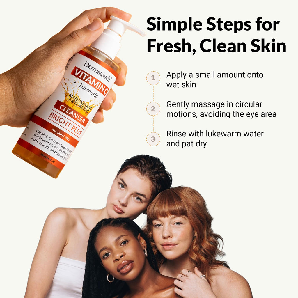 DERMATOUCH Vitamin C Cleanser Water with Turmeric – Gentle Foaming Facial Cleanser for All Skin Types, Made in USA