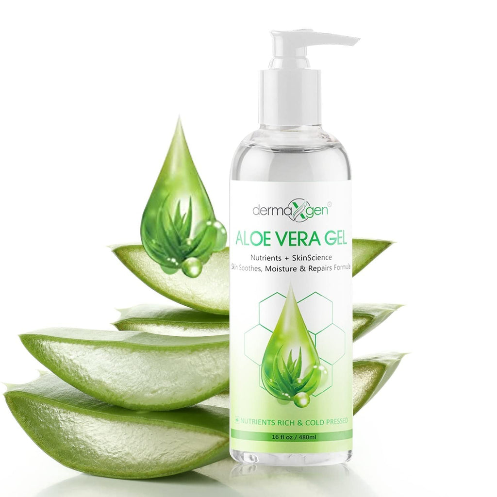 DERMAXGEN Aloe Vera Gel – Organic 100% Pure Aloe, Witch Hazel, Vitamin C & E | Hydration & Soothing, Cold-Pressed 16 oz