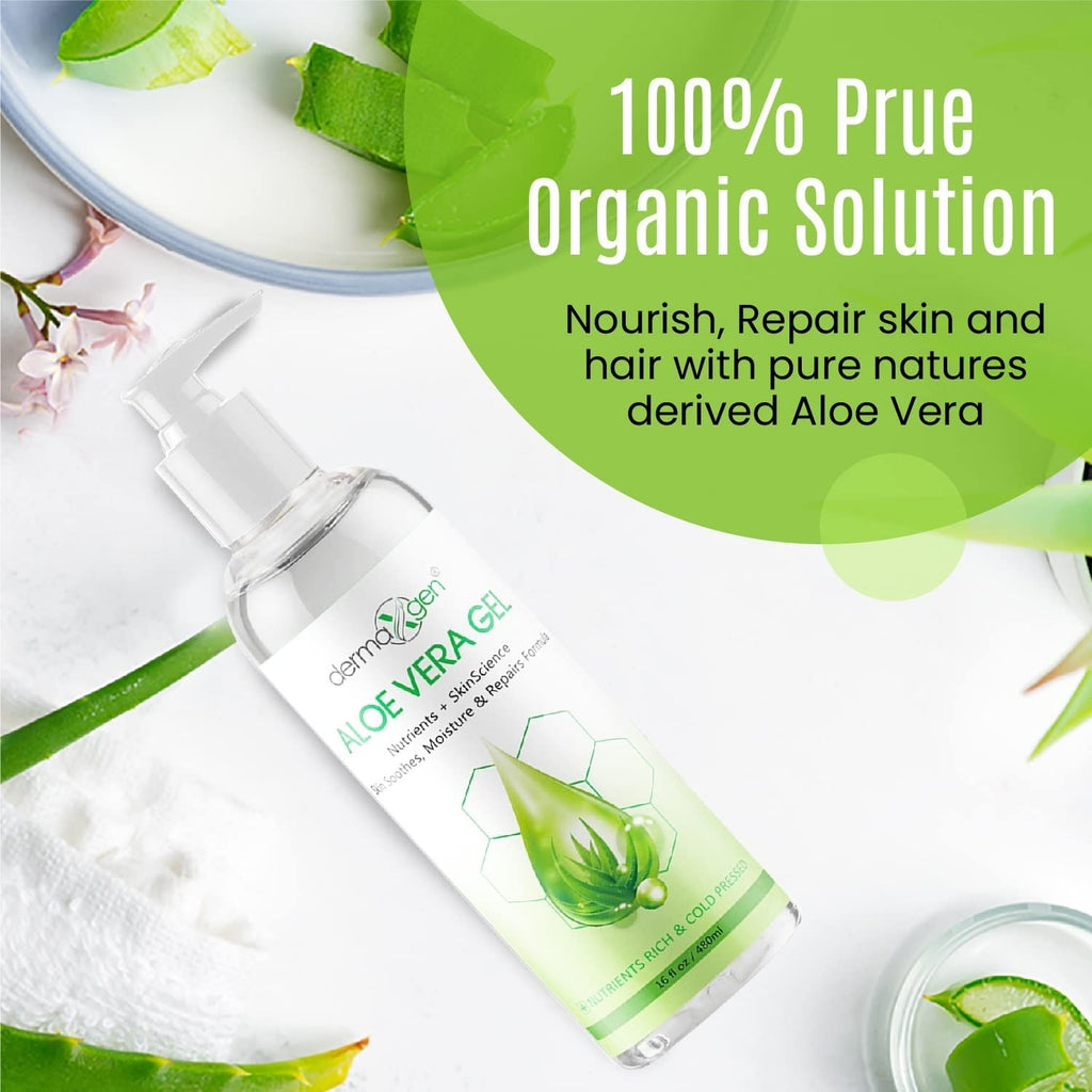 DERMAXGEN Aloe Vera Gel – Organic 100% Pure Aloe, Witch Hazel, Vitamin C & E | Hydration & Soothing, Cold-Pressed 16 oz