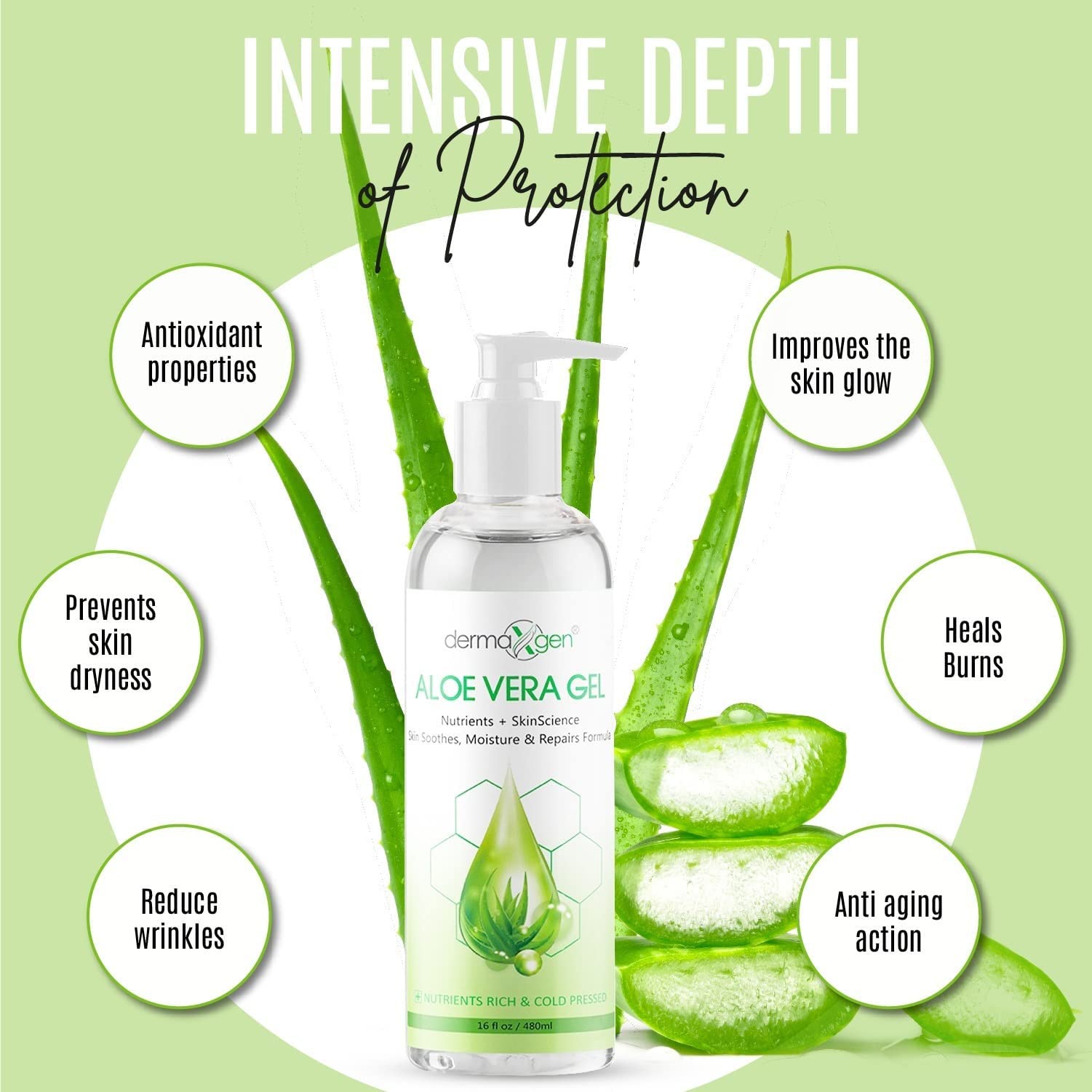DERMAXGEN Aloe Vera Gel – Organic 100% Pure Aloe, Witch Hazel, Vitamin C & E | Hydration & Soothing, Cold-Pressed 16 oz