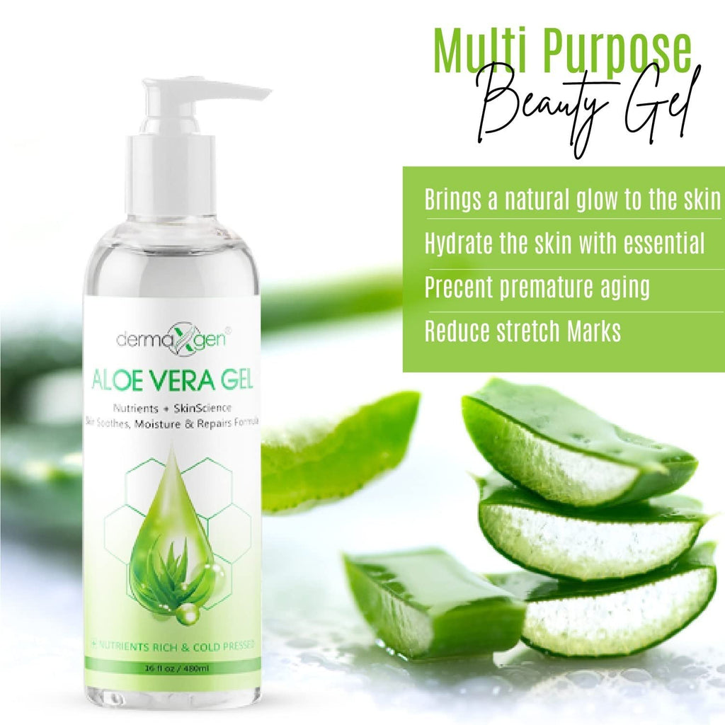 DERMAXGEN Aloe Vera Gel – Organic 100% Pure Aloe, Witch Hazel, Vitamin C & E | Hydration & Soothing, Cold-Pressed 16 oz