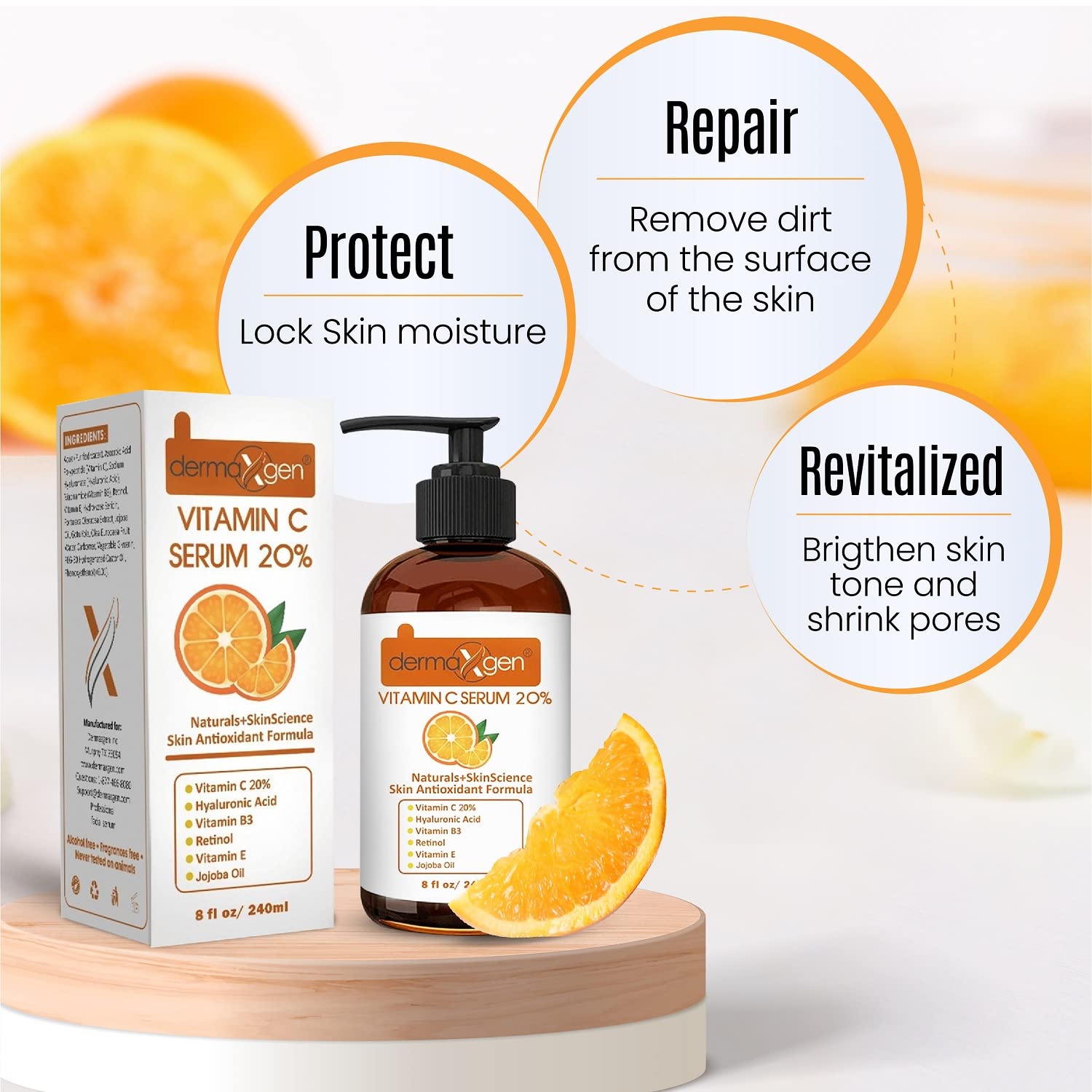 DERMAXGEN Organic 20% Vitamin C Serum for Face – Hyaluronic Acid & Vitamin E – Brightening & Hydration – 8 fl oz