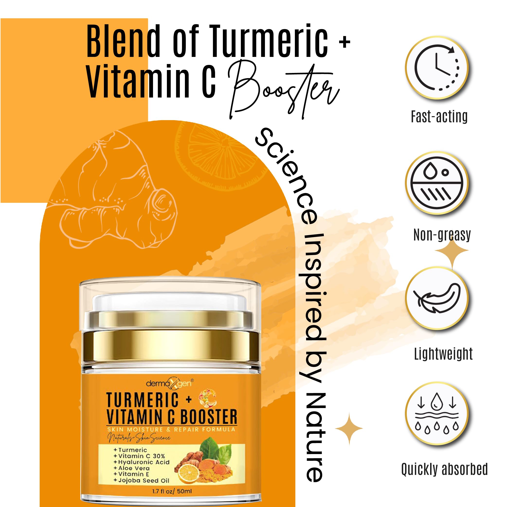 Dermaxgen Turmeric Vitamin C Cream – Glow Boost, Anti-Aging & Hydration for All Skin Types (1.7 oz)