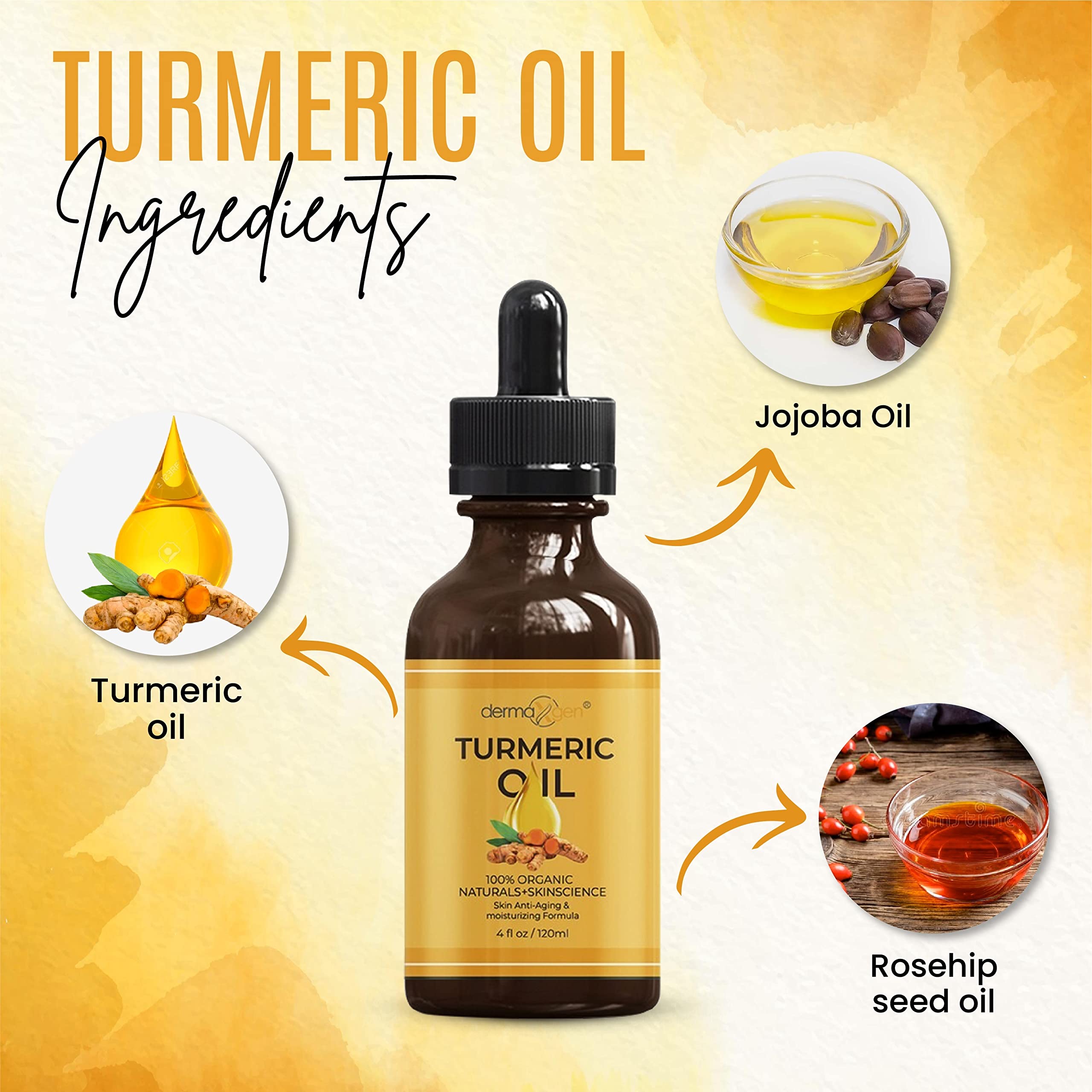 DERMAXGEN Organic Turmeric Oil for Skin Lightening | Hydrating Anti-Aging Face Oil (4 FL OZ)