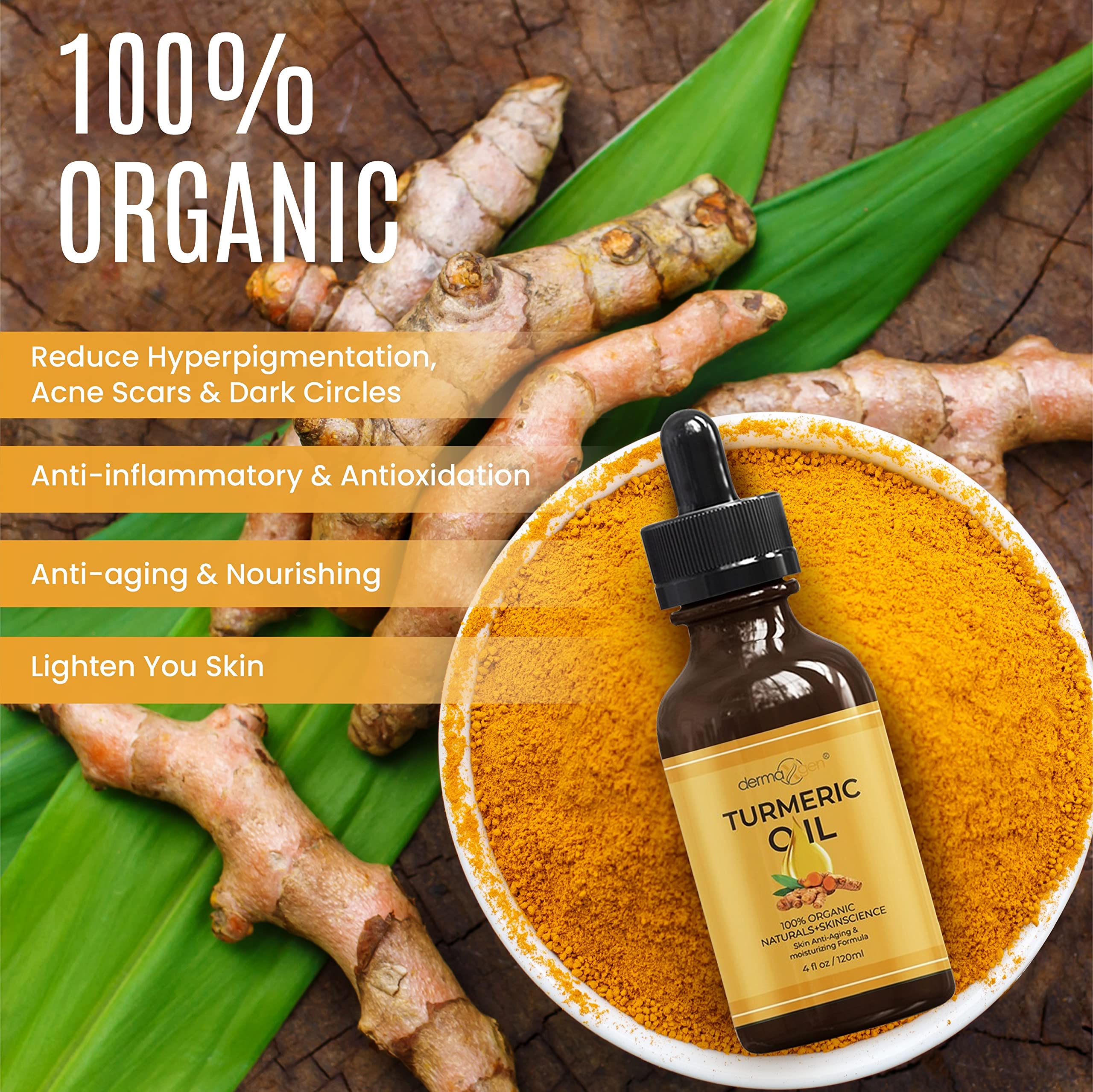 DERMAXGEN Organic Turmeric Oil for Skin Lightening | Hydrating Anti-Aging Face Oil (4 FL OZ)