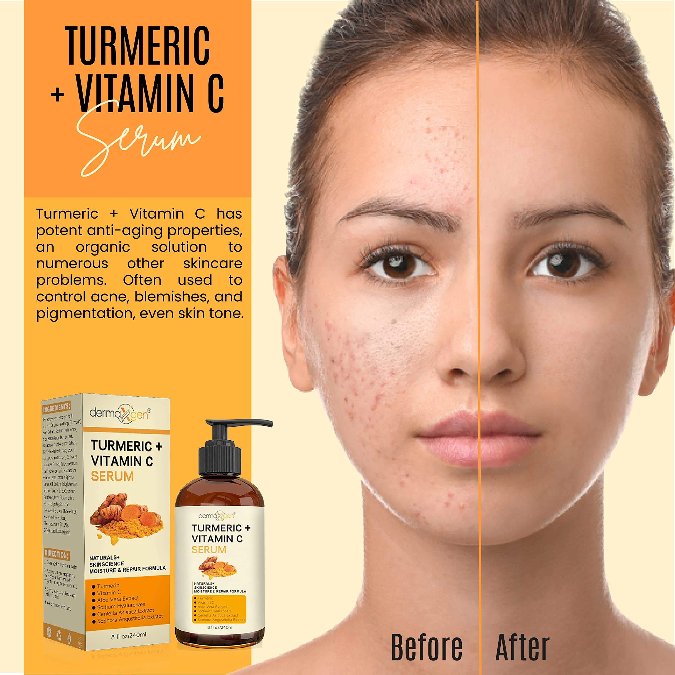 DERMAXGEN Turmeric Serum + Vitamin C for Glow & Hydration – Organic Moisturizer, 8 fl oz