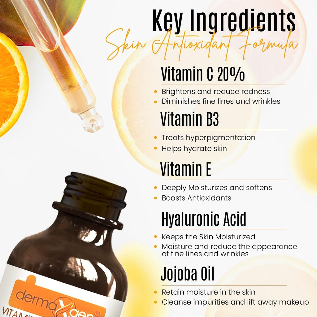 DERMAXGEN Organic 20% Vitamin C Serum for Face – Hyaluronic Acid & Vitamin E – Brightening & Hydration – 8 fl oz