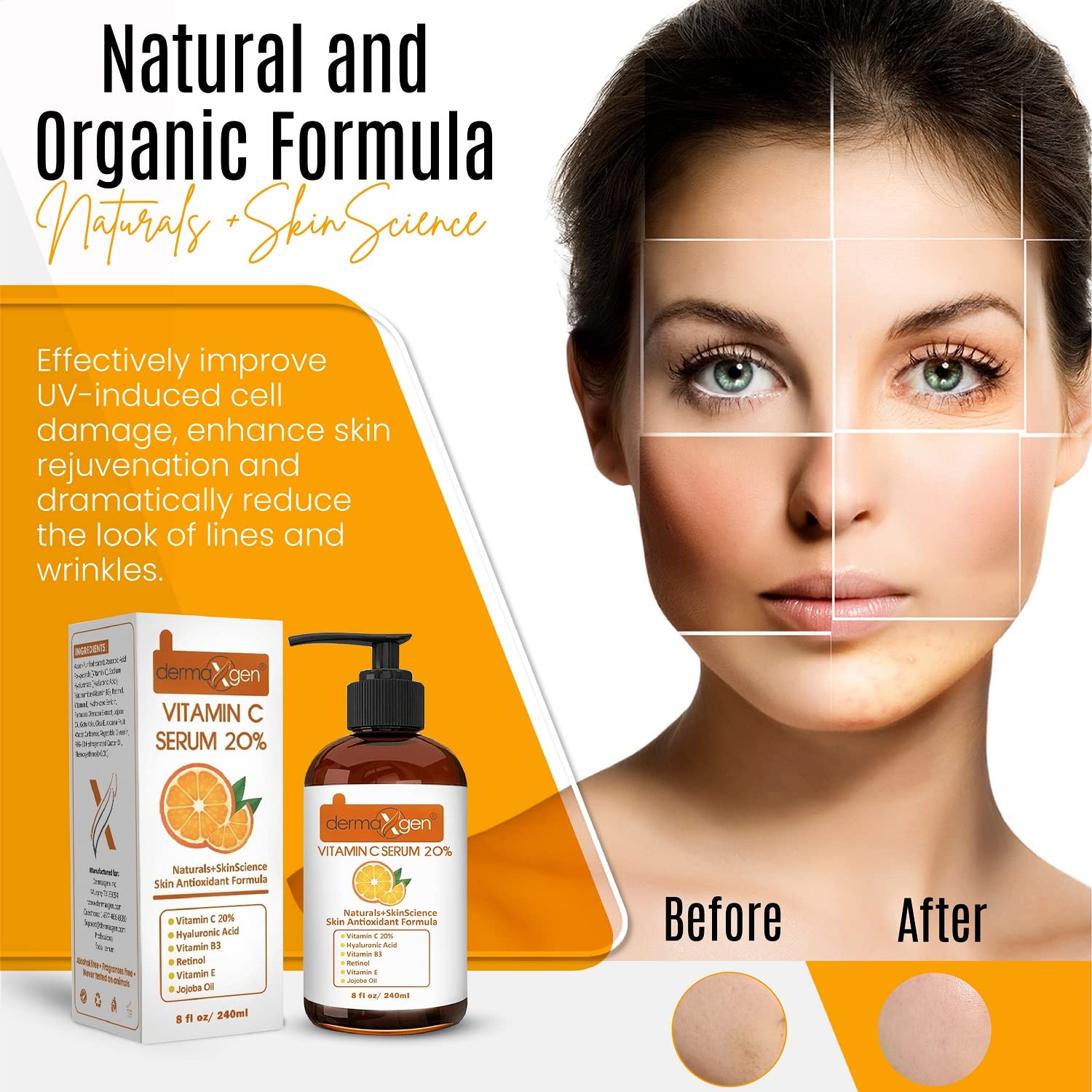 DERMAXGEN Organic 20% Vitamin C Serum for Face – Hyaluronic Acid & Vitamin E – Brightening & Hydration – 8 fl oz
