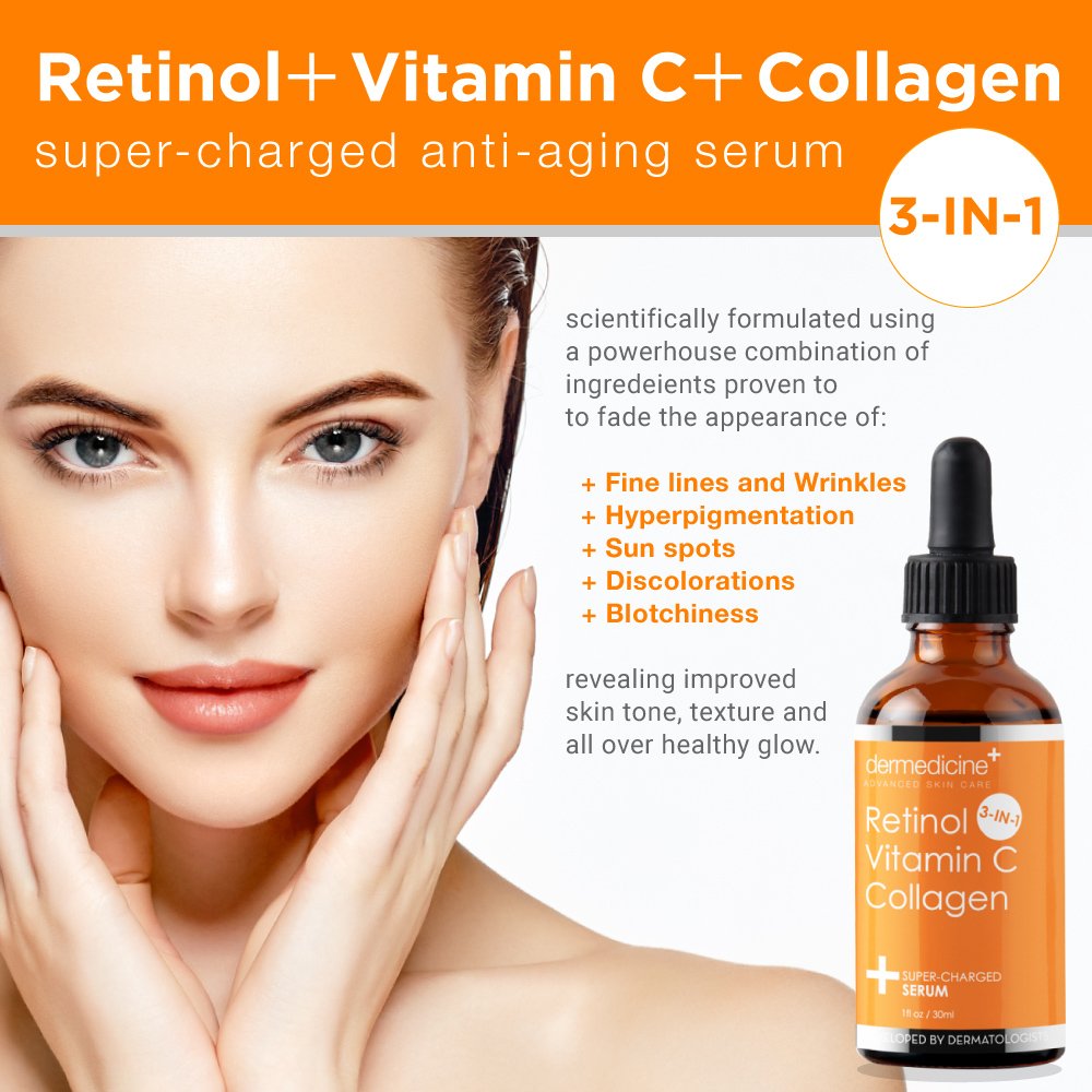 Dermedicine Retinol Vitamin C Collagen Serum – Anti-Aging Face Serum | 1 fl oz