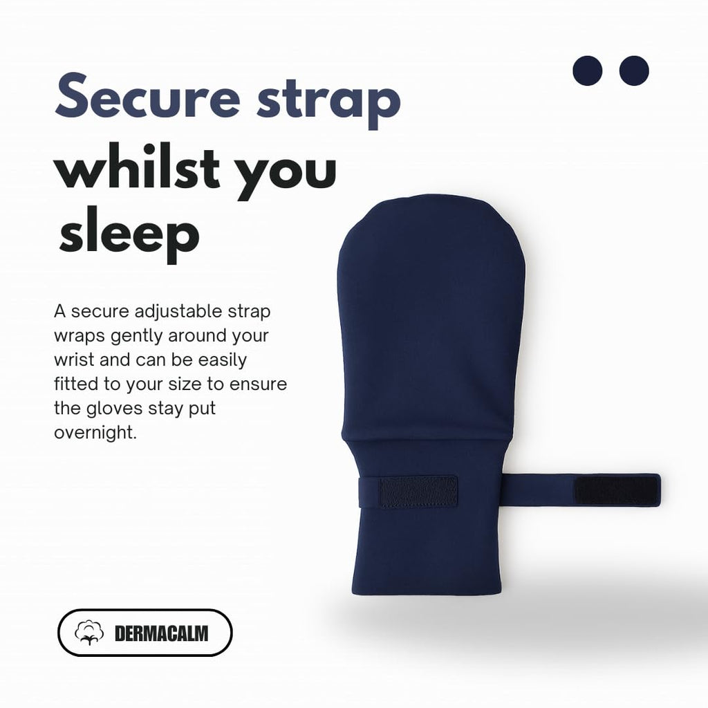 DermaCalm Organic Cotton Eczema Gloves – Nighttime Anti-Scratch Mittens with Adjustable Strap (S/M/L) Navy