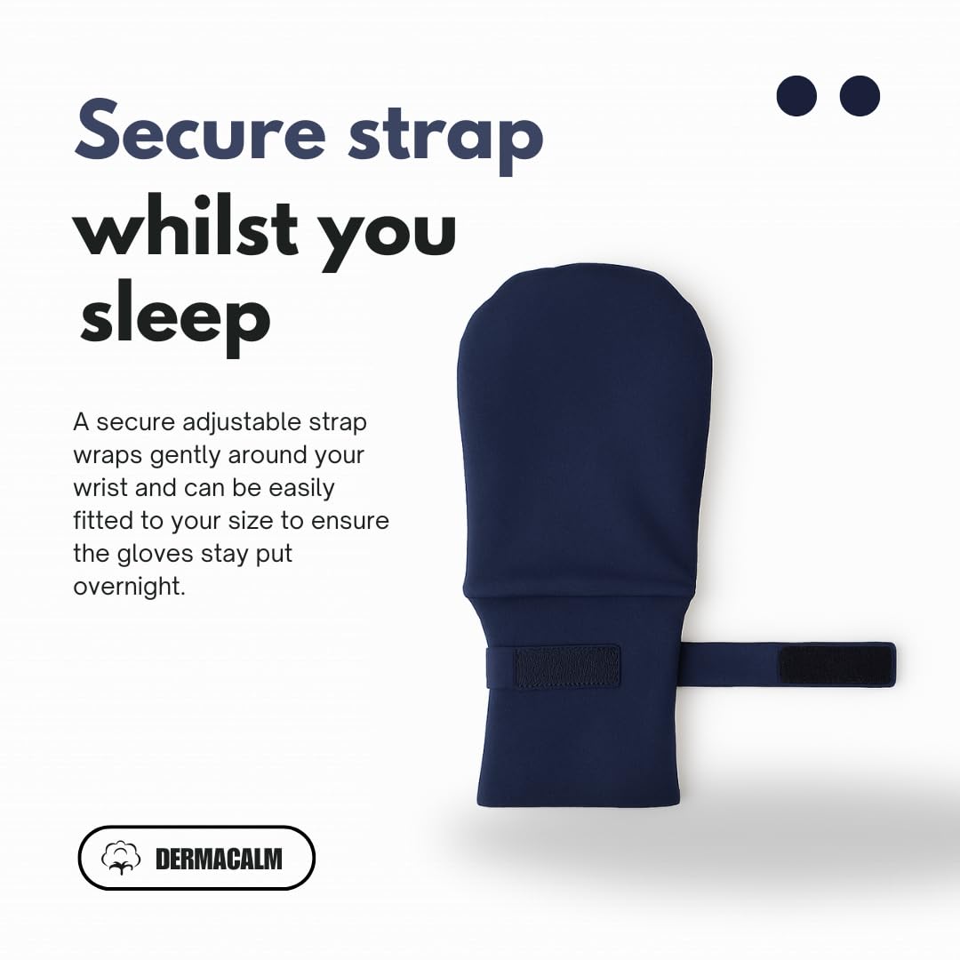 DermaCalm Organic Cotton Eczema Gloves – Nighttime Anti-Scratch Mittens with Adjustable Strap (S/M/L) Navy