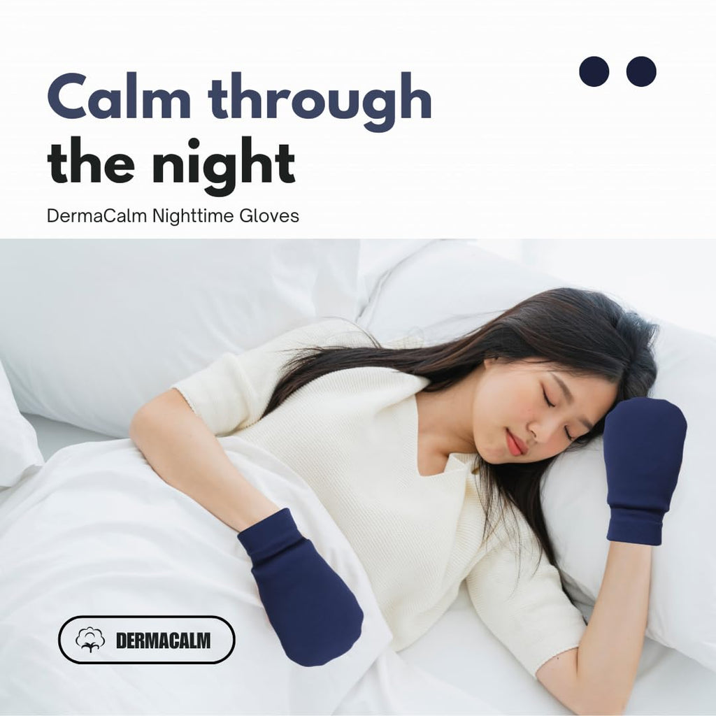 DermaCalm Organic Cotton Eczema Gloves – Nighttime Anti-Scratch Mittens with Adjustable Strap (S/M/L) Navy