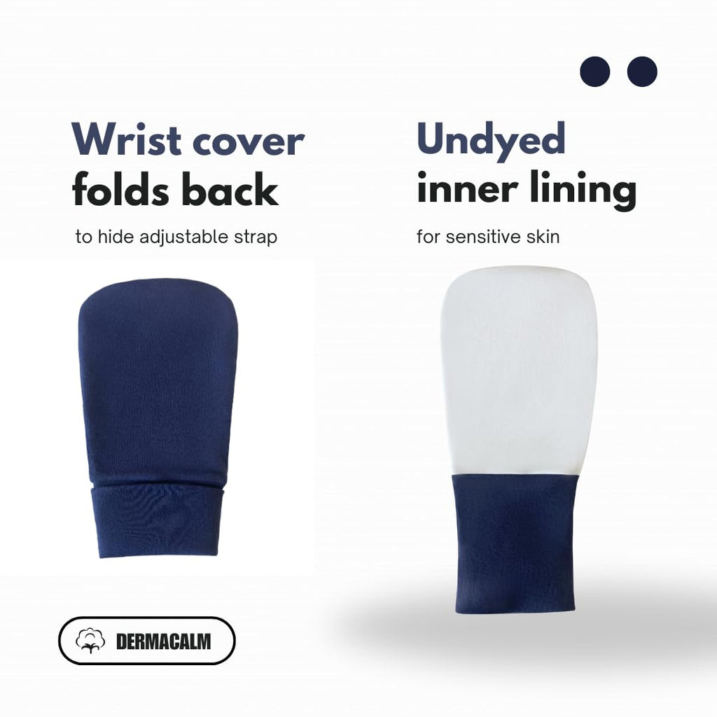 DermaCalm Organic Cotton Eczema Gloves – Nighttime Anti-Scratch Mittens with Adjustable Strap (S/M/L) Navy