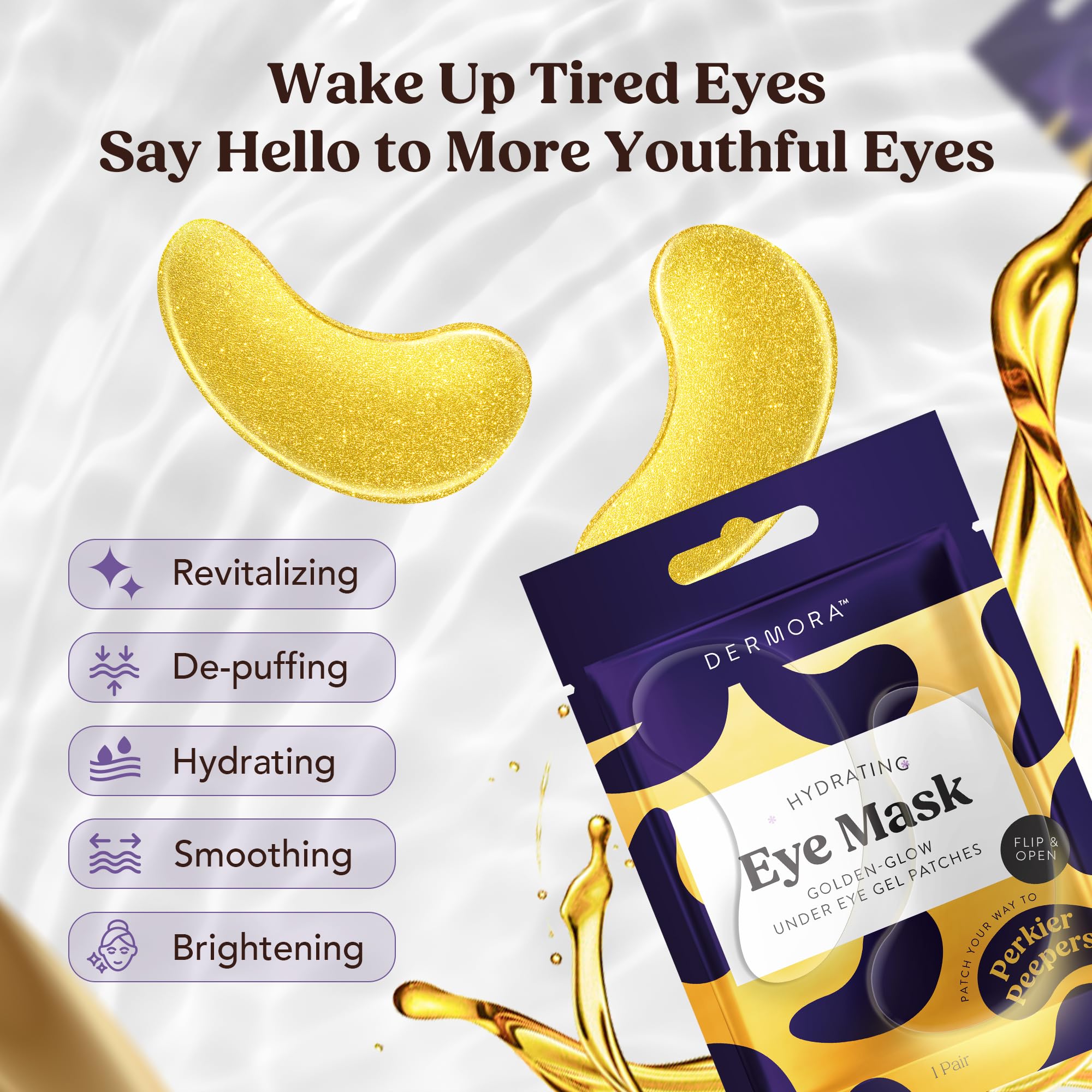DERMORA Golden Glow Under Eye Patches – 15 Pairs | Refreshing, Rejuvenating Eye Gels