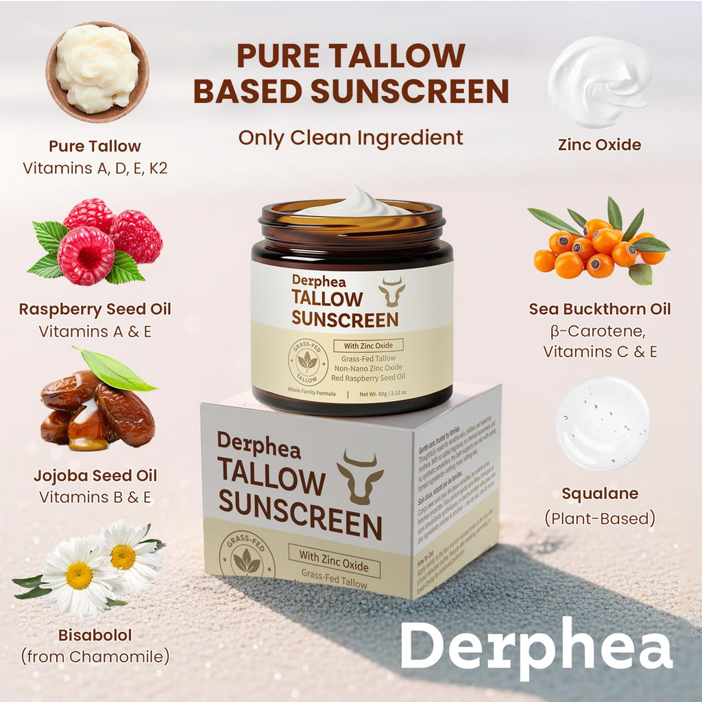 DERPHEA SPF 50 Natural Beef Tallow Sunscreen – Gentle Daily Sun Care for Extremely Sensitive, Acne-Prone & Kid-Safe Skin