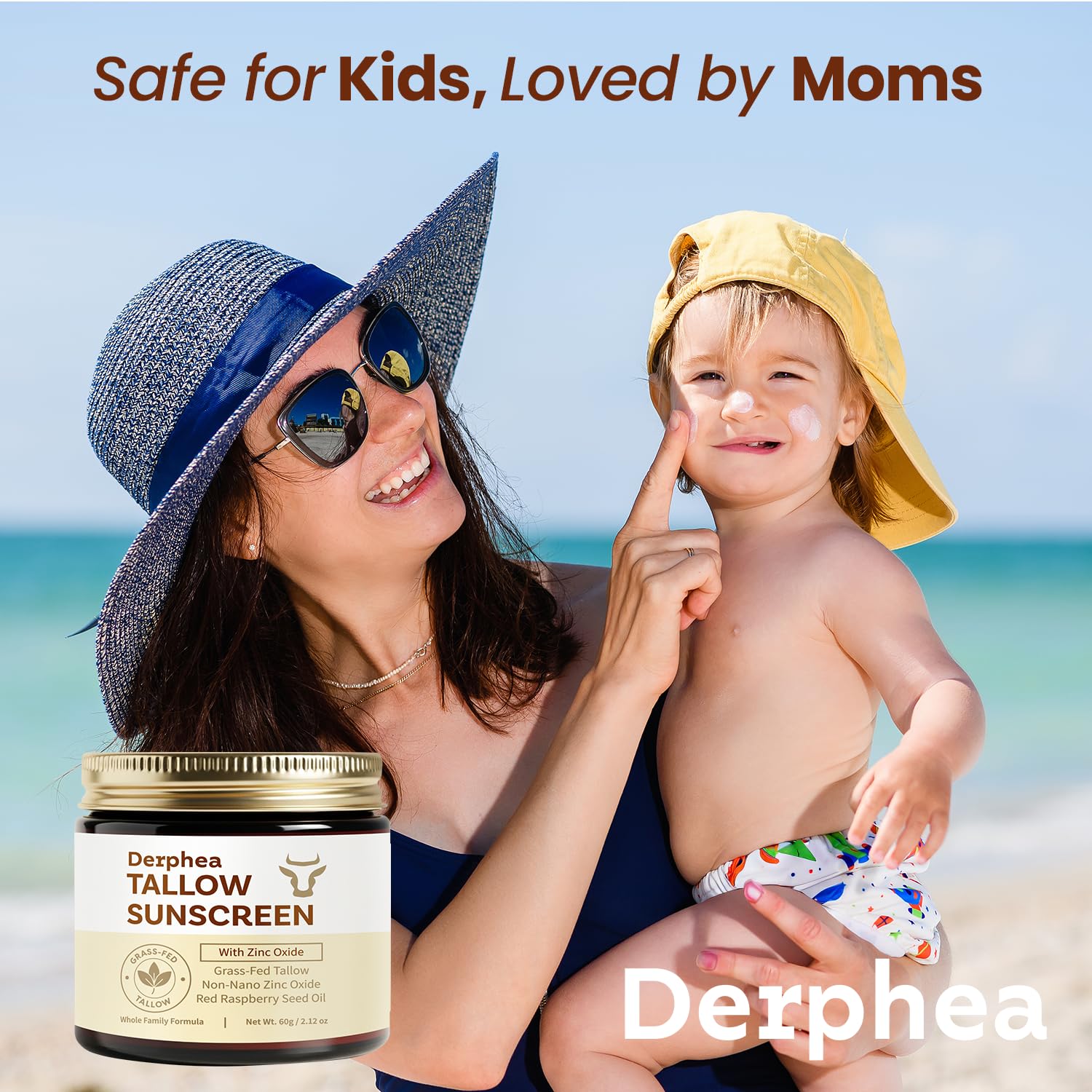 DERPHEA SPF 50 Natural Beef Tallow Sunscreen – Gentle Daily Sun Care for Extremely Sensitive, Acne-Prone & Kid-Safe Skin