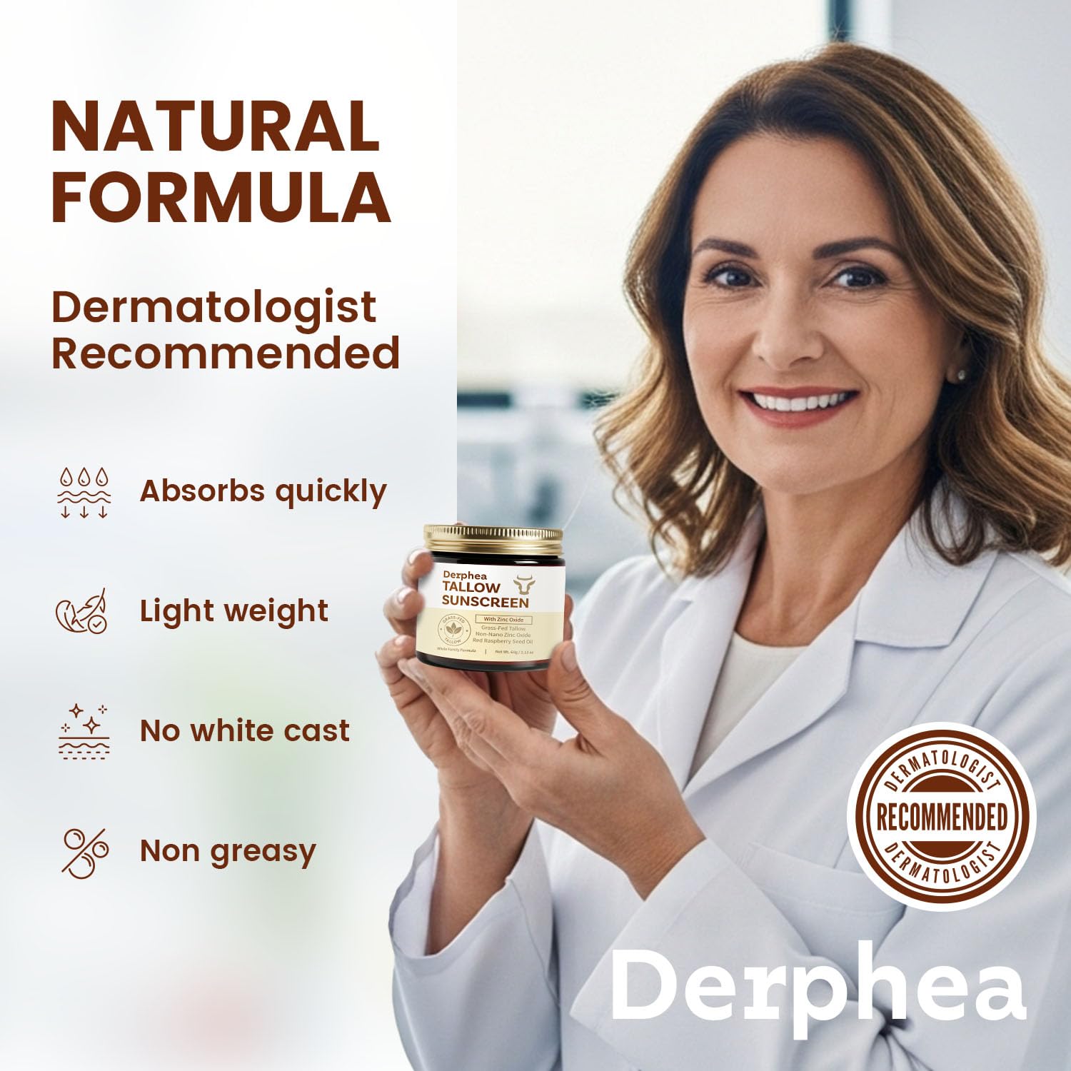 DERPHEA SPF 50 Natural Beef Tallow Sunscreen – Gentle Daily Sun Care for Extremely Sensitive, Acne-Prone & Kid-Safe Skin