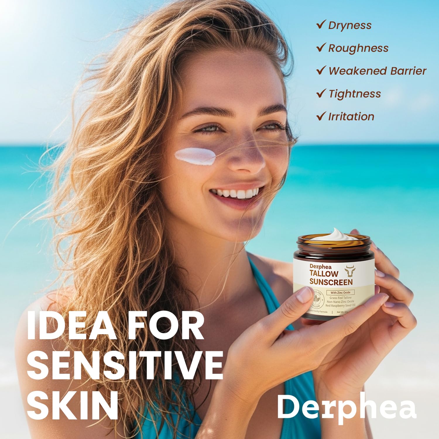 DERPHEA SPF 50 Natural Beef Tallow Sunscreen – Gentle Daily Sun Care for Extremely Sensitive, Acne-Prone & Kid-Safe Skin