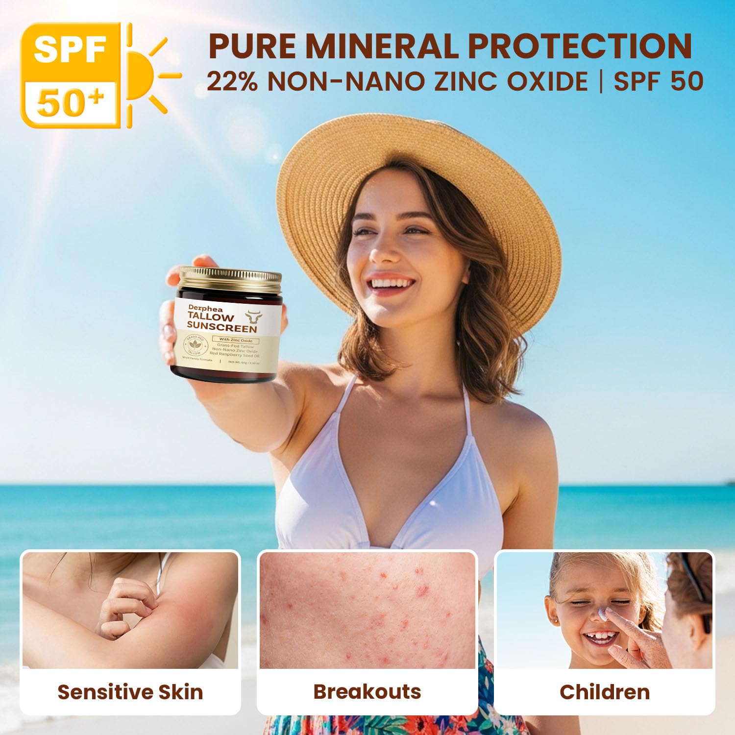 DERPHEA SPF 50 Natural Beef Tallow Sunscreen – Gentle Daily Sun Care for Extremely Sensitive, Acne-Prone & Kid-Safe Skin