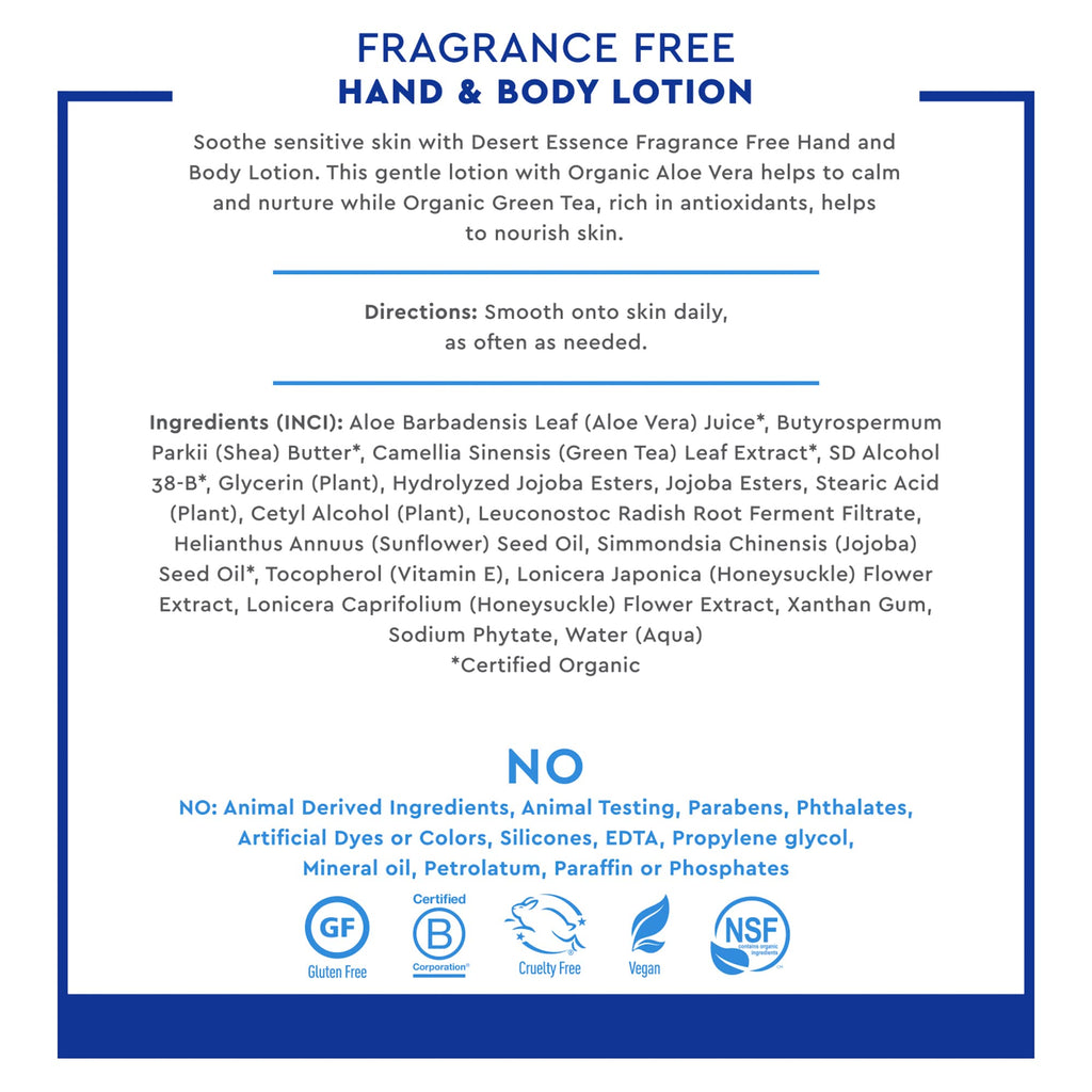 Desert Essence Fragrance Free Hand & Body Lotion – 8 oz | Aloe Vera, Shea Butter, Green Tea, Coconut Oil, Jojoba Oil