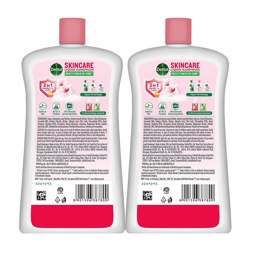 Dettol Skincare Liquid Handwash | 875ml x 2 | Germ Protection & Plant-Derived Cleaners
