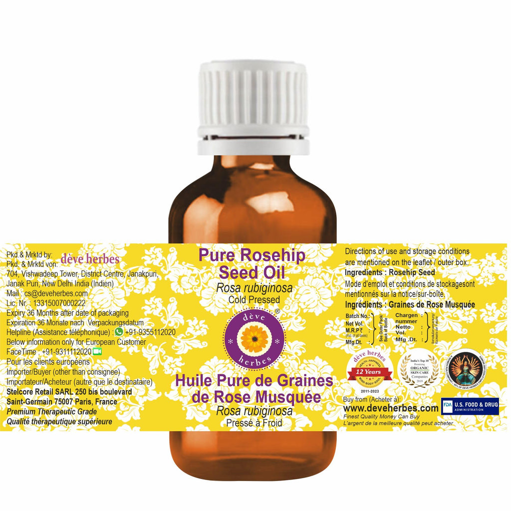 dève herbes Pure Rosehip Oil (Rosa rubiginosa) Cold-Pressed 30ml – All Skin Types