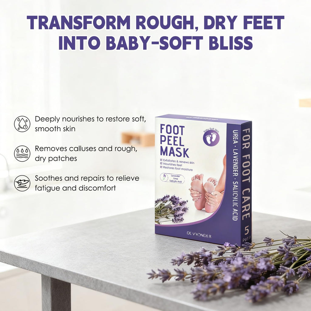 Devyonder Foot Peeling Mask 5 Pack – Exfoliate, Soften & Rejuvenate Dry Heels (Urea, Lavender & Salicylic Acid)