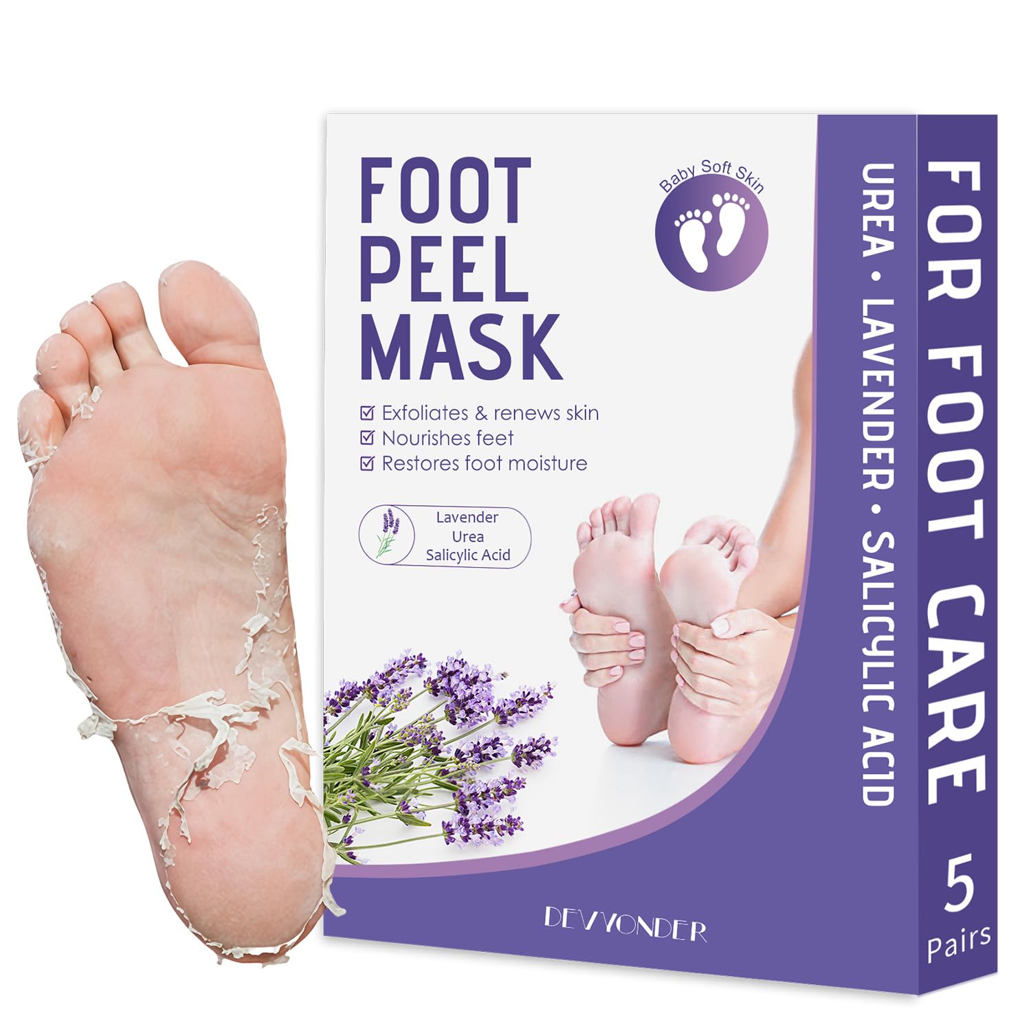 Devyonder Foot Peeling Mask 5 Pack – Exfoliate, Soften & Rejuvenate Dry Heels (Urea, Lavender & Salicylic Acid)
