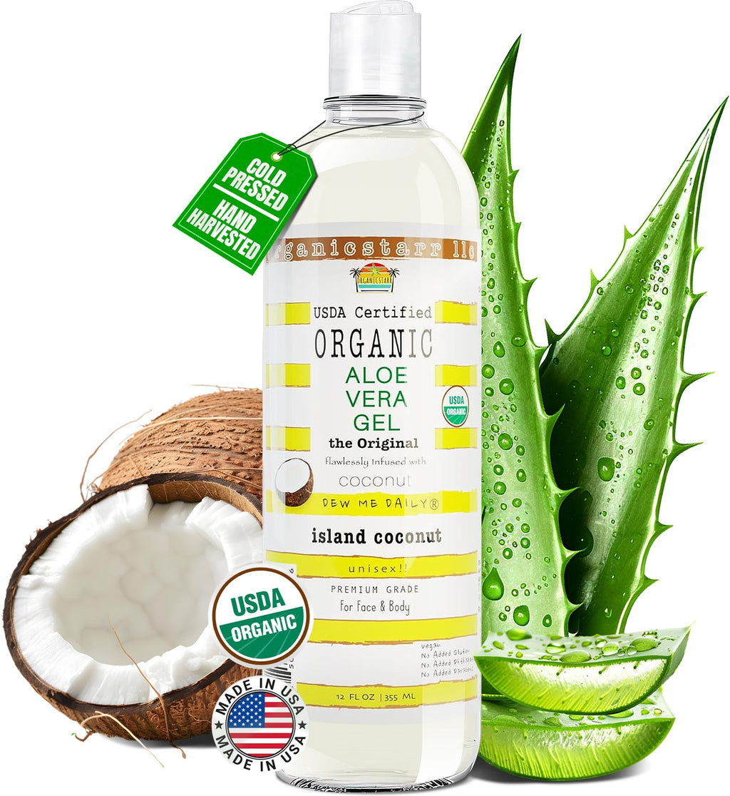 DEW ME DAILY USDA Organic Aloe Vera Gel 12 oz – 100% Pure, Cold-Pressed, Hand Harvested, Coconut Infusion – Chemical-Free, Made in USA