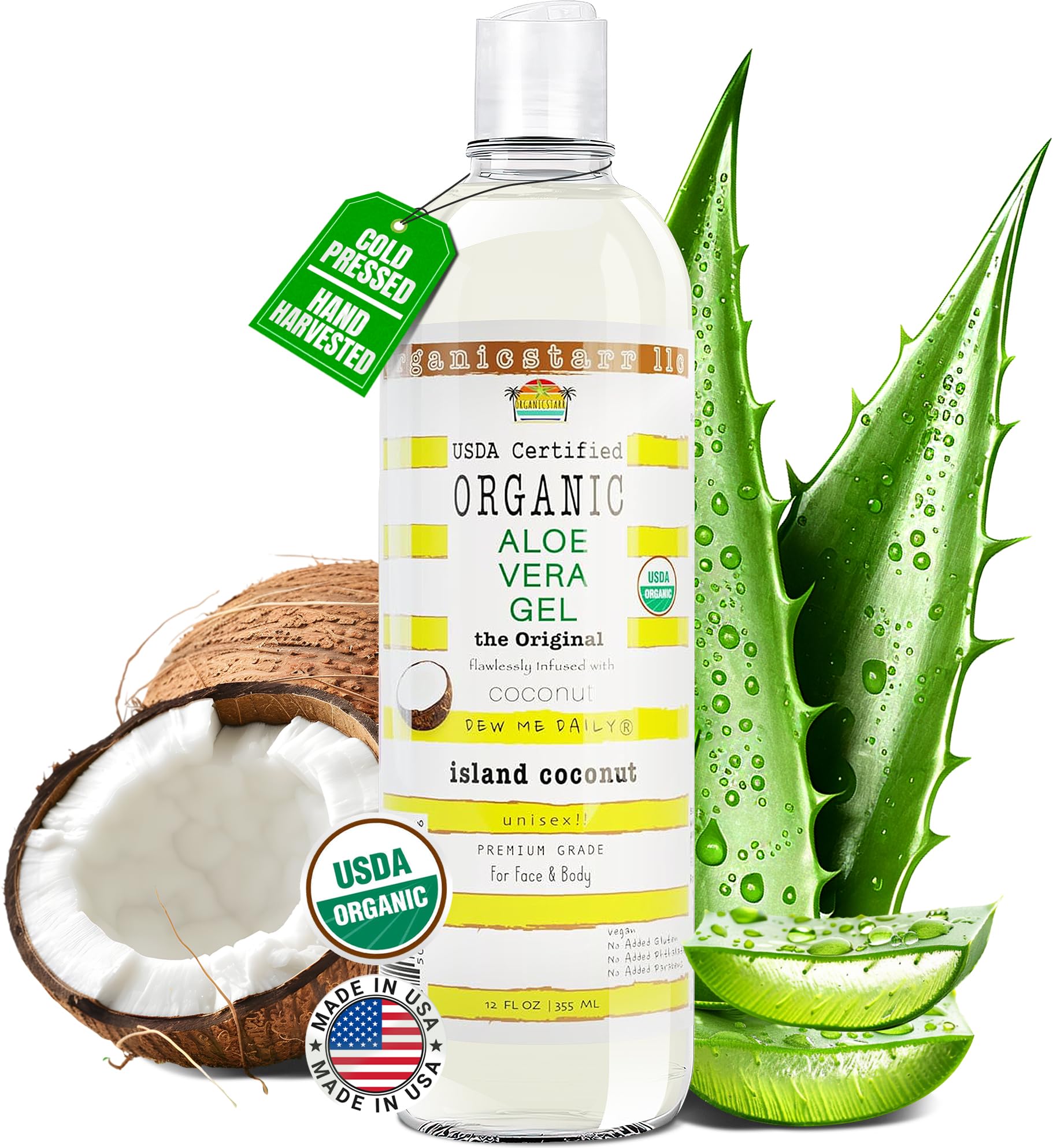 DEW ME DAILY USDA Organic Aloe Vera Gel 12 oz – 100% Pure, Cold-Pressed, Hand Harvested, Coconut Infusion – Chemical-Free, Made in USA