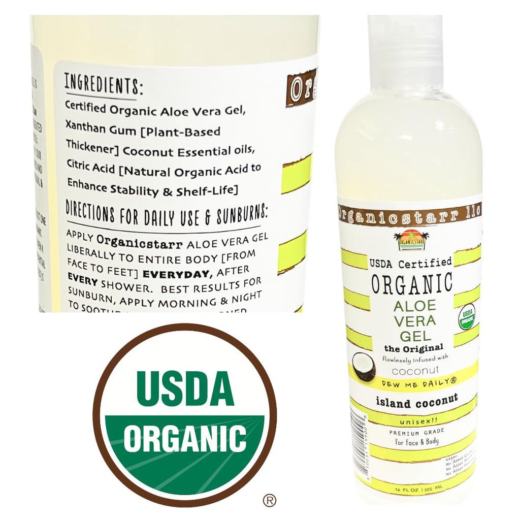 DEW ME DAILY USDA Organic Aloe Vera Gel 12 oz – 100% Pure, Cold-Pressed, Hand Harvested, Coconut Infusion – Chemical-Free, Made in USA