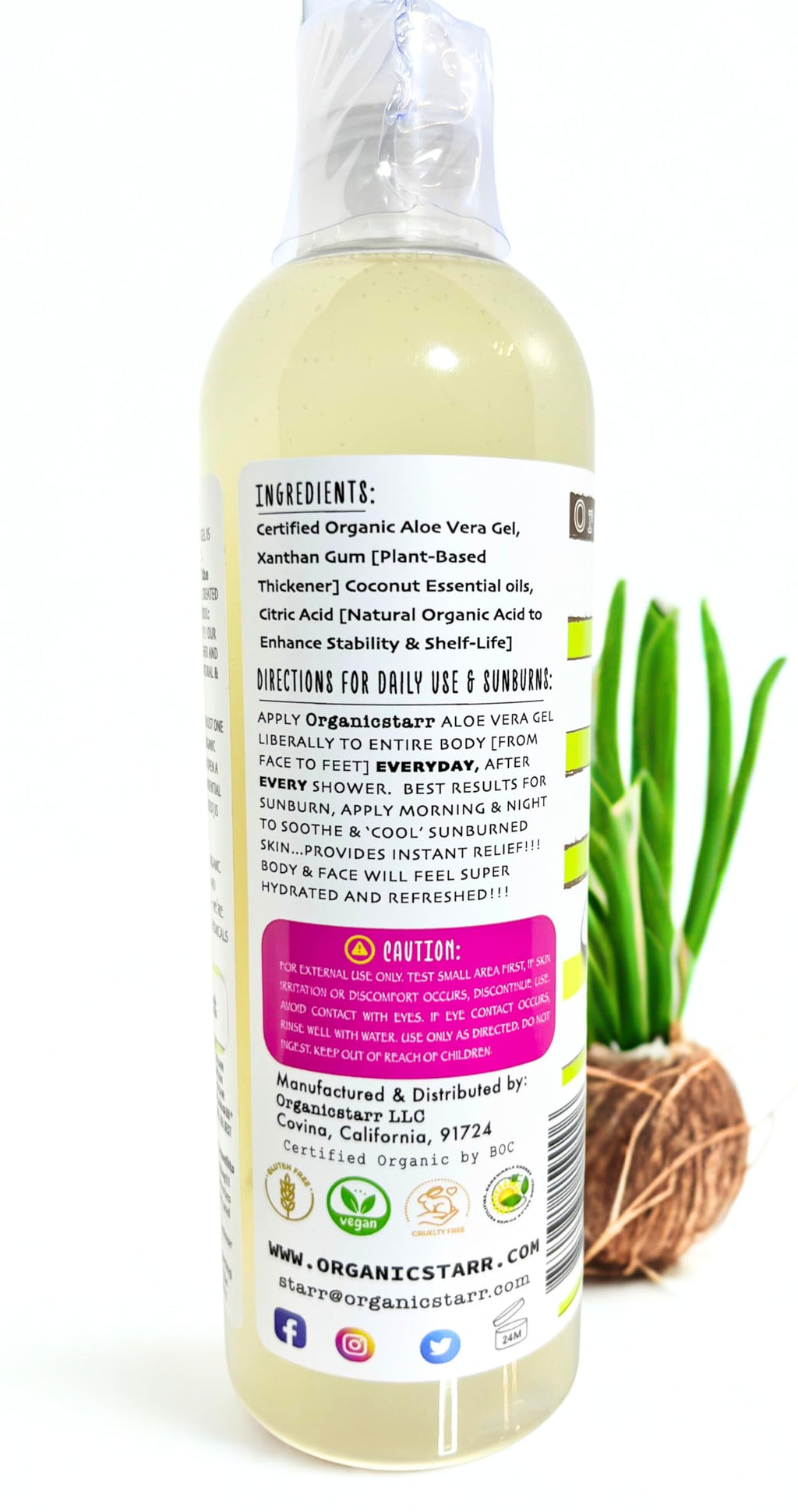 DEW ME DAILY USDA Organic Aloe Vera Gel 12 oz – 100% Pure, Cold-Pressed, Hand Harvested, Coconut Infusion – Chemical-Free, Made in USA
