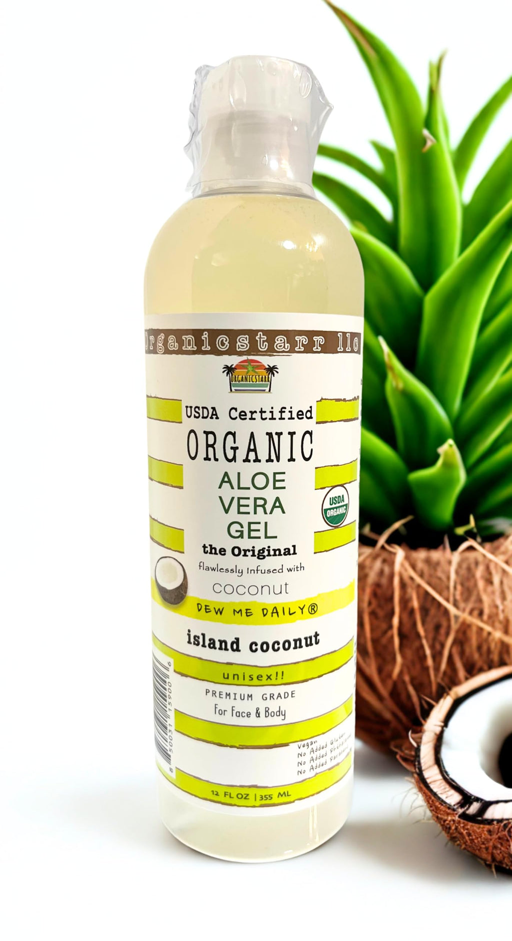 DEW ME DAILY USDA Organic Aloe Vera Gel 12 oz – 100% Pure, Cold-Pressed, Hand Harvested, Coconut Infusion – Chemical-Free, Made in USA