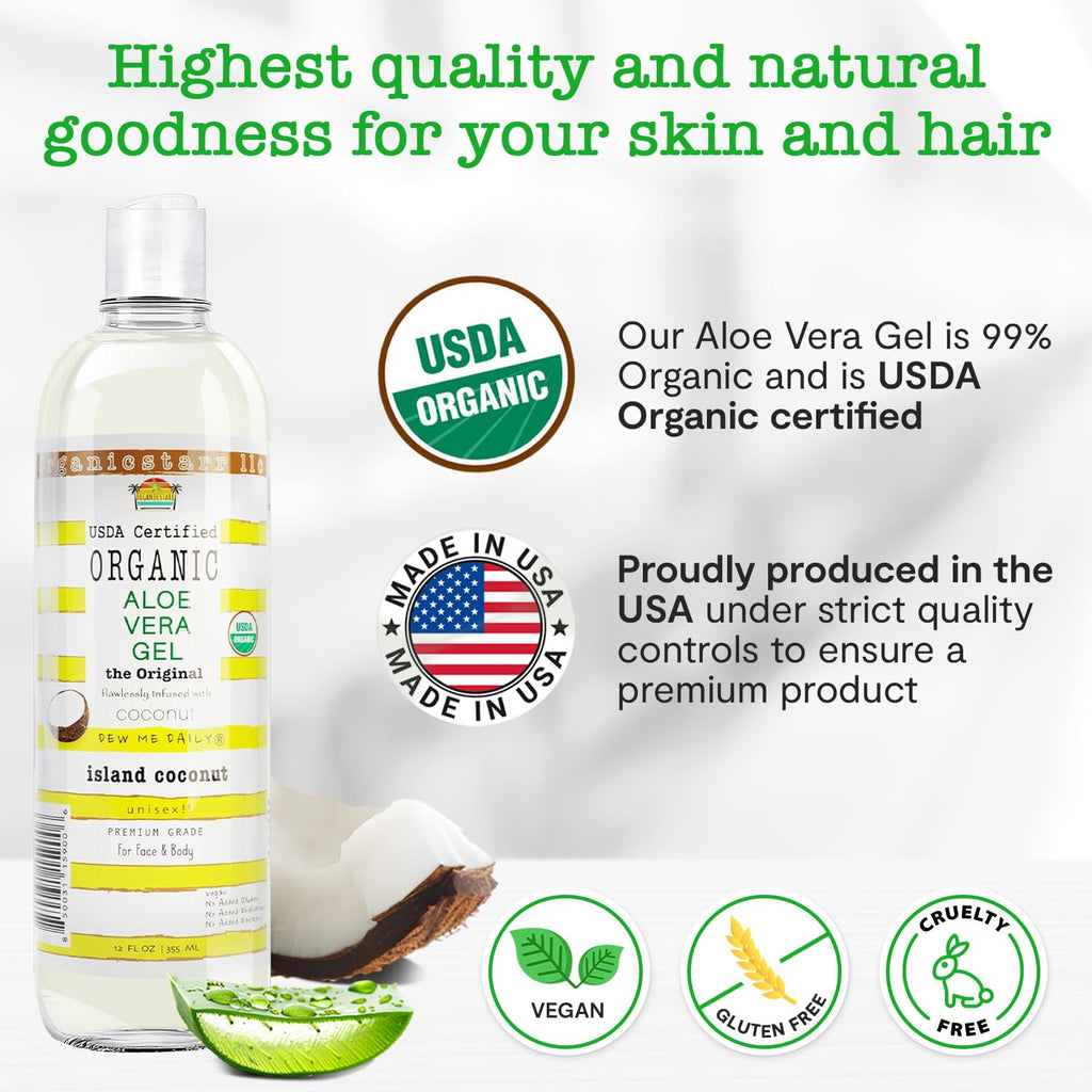 DEW ME DAILY USDA Organic Aloe Vera Gel 12 oz – 100% Pure, Cold-Pressed, Hand Harvested, Coconut Infusion – Chemical-Free, Made in USA