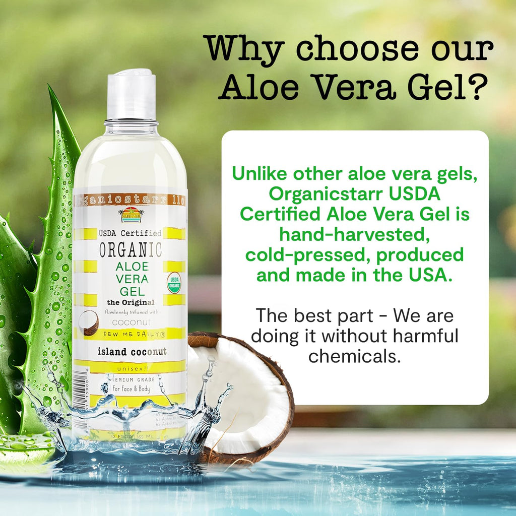DEW ME DAILY USDA Organic Aloe Vera Gel 12 oz – 100% Pure, Cold-Pressed, Hand Harvested, Coconut Infusion – Chemical-Free, Made in USA