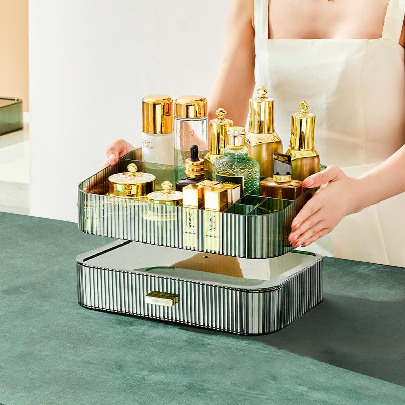 Dezzer Makeup Organizer with Stackable Drawers – Large Capacity Vanity Organizer (Green)