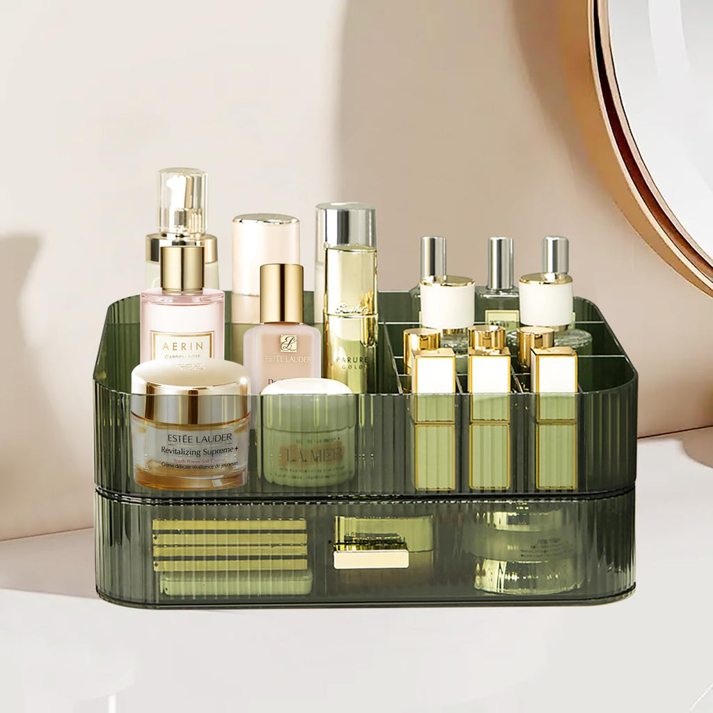 Dezzer Makeup Organizer with Stackable Drawers – Large Capacity Vanity Organizer (Green)
