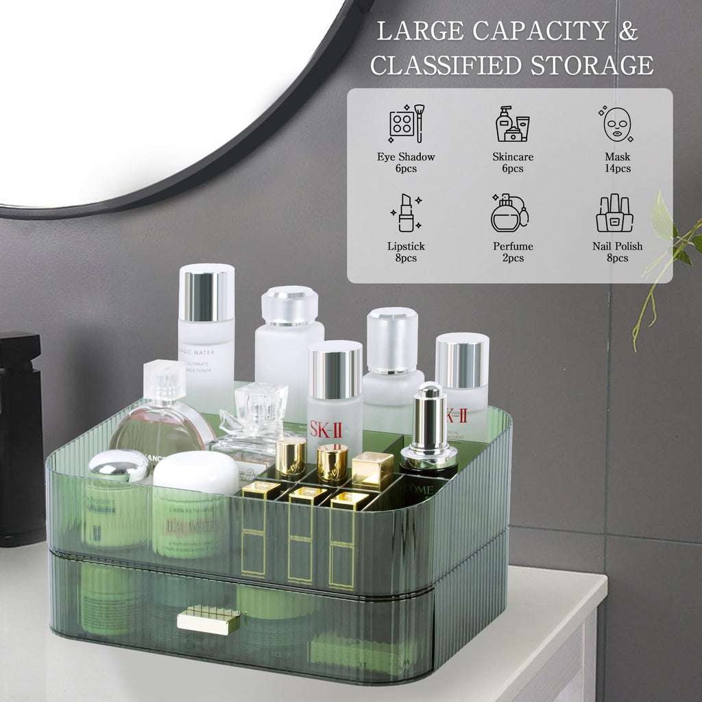 Dezzer Makeup Organizer with Stackable Drawers – Large Capacity Vanity Organizer (Green)