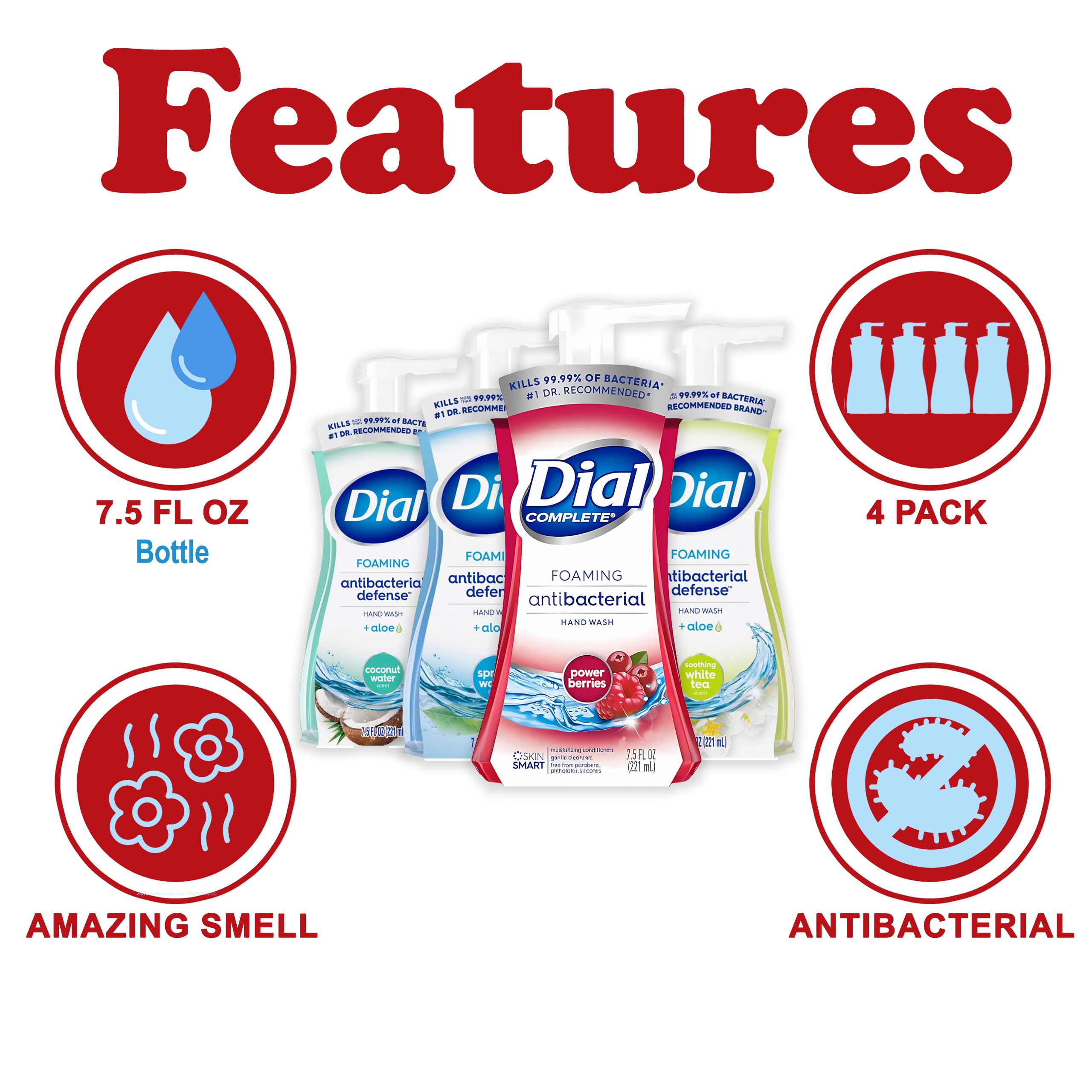 Dial Foaming Hand Wash Variety Pack – 4 x 10 oz Bottles (Coconut Water, White Tea, Power Berries, Spring Water)