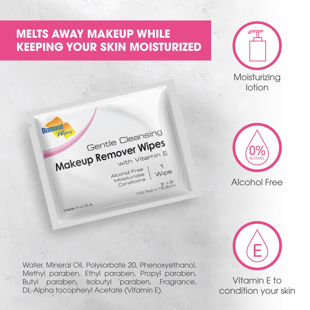 Diamond Wipes Face Cleansing & Waterproof Makeup Remover Wipes – Alcohol-Free with Vitamin E (Case of 50)